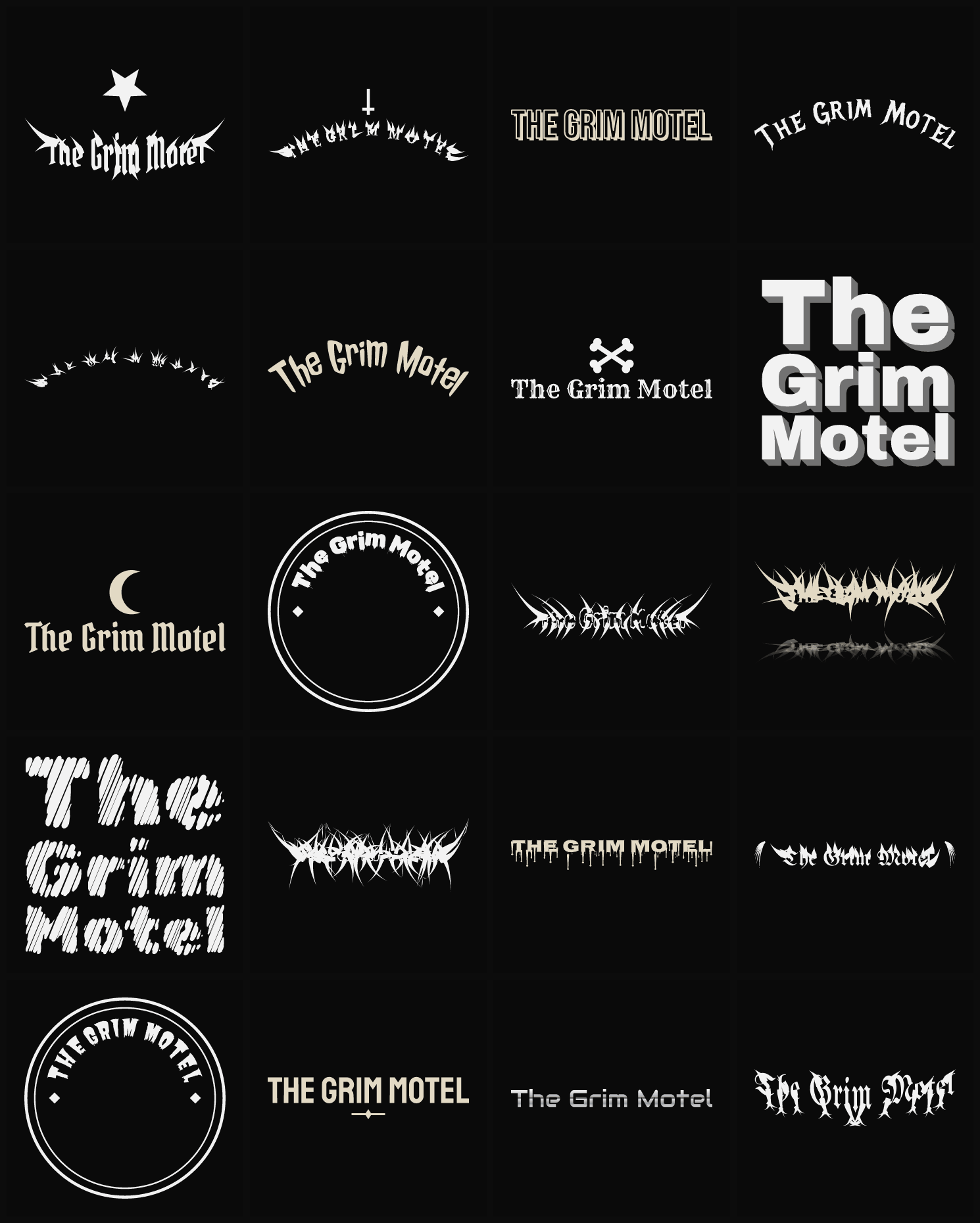 Twenty The Grim Motel band logo ideas — different faces, treatments and spike settings