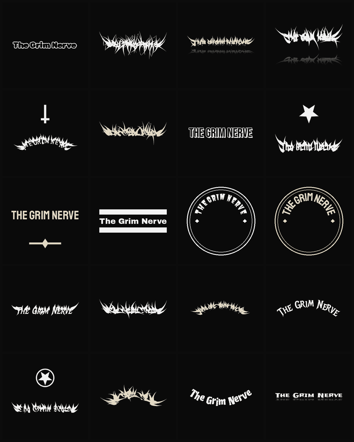 Twenty The Grim Nerve band logo ideas — different faces, treatments and spike settings