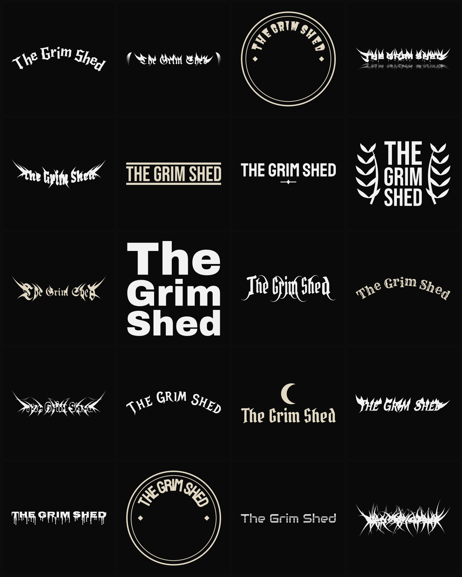 Twenty The Grim Shed band logo ideas — different faces, treatments and spike settings