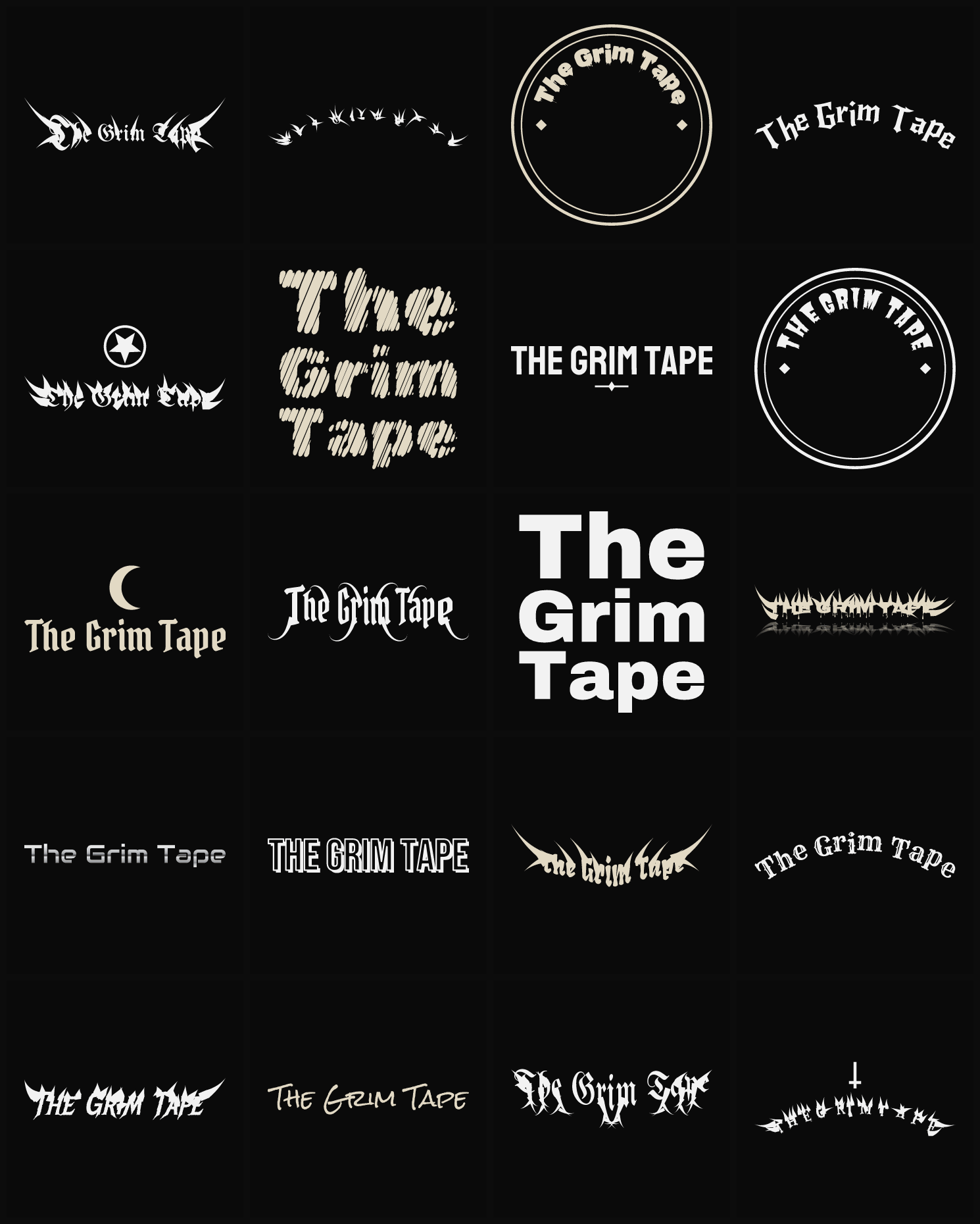Twenty The Grim Tape band logo ideas — different faces, treatments and spike settings