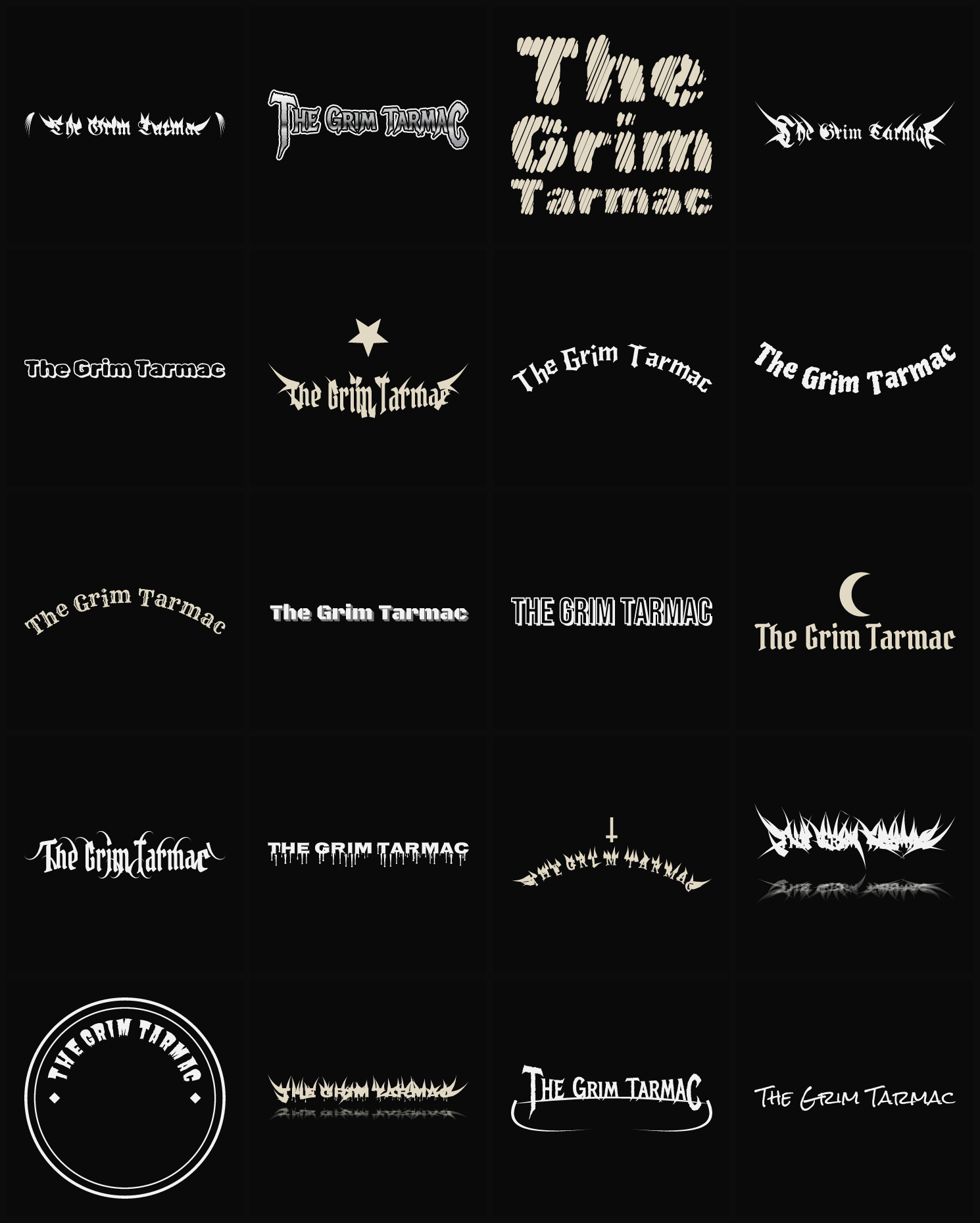 Twenty The Grim Tarmac band logo ideas — different faces, treatments and spike settings