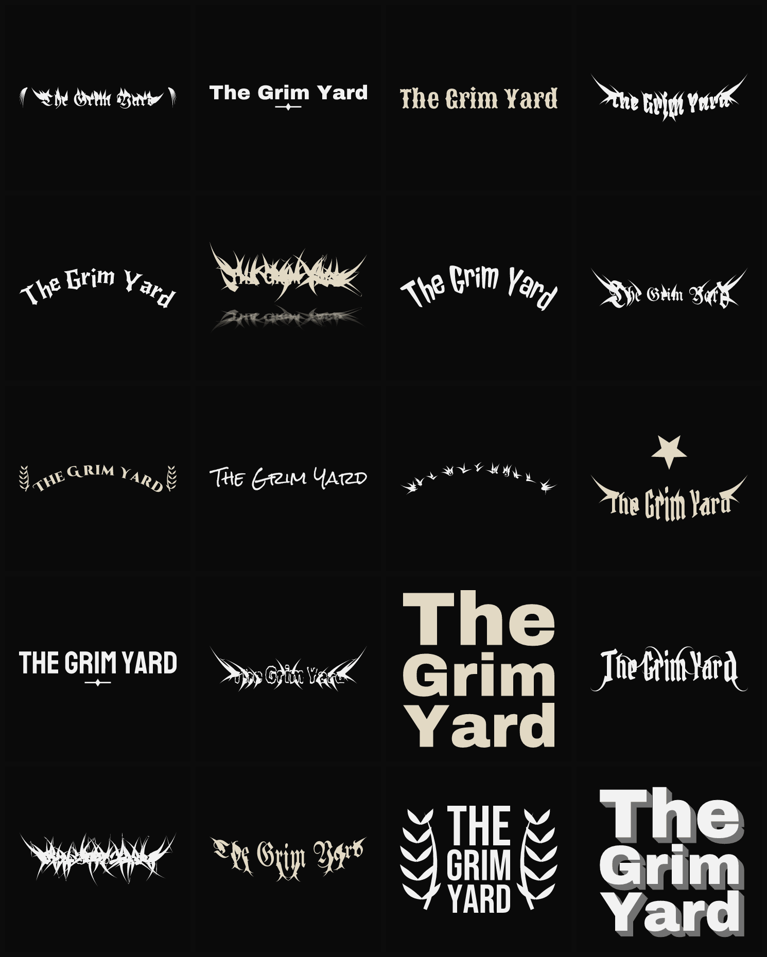 Twenty The Grim Yard band logo ideas — different faces, treatments and spike settings