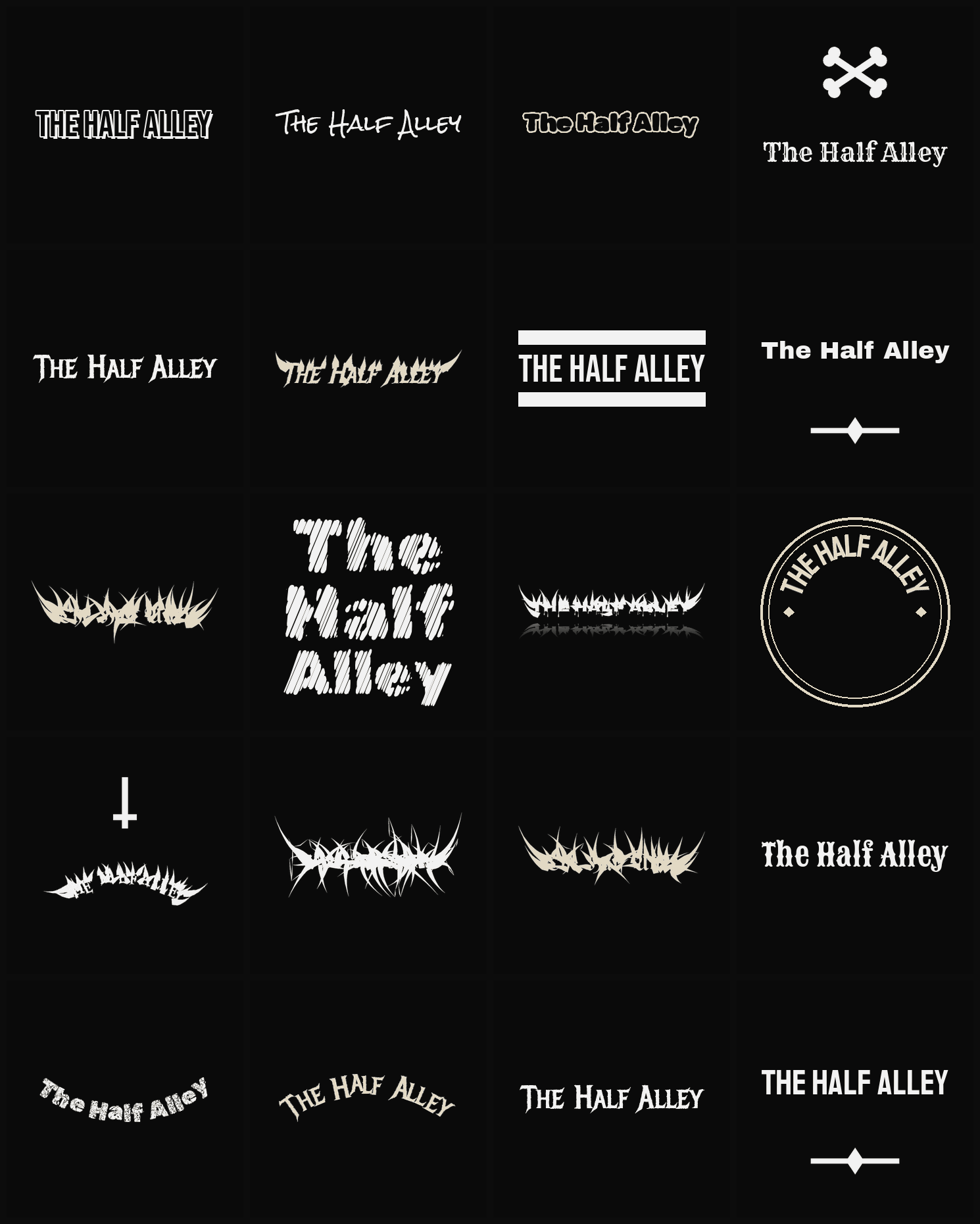 Twenty The Half Alley band logo ideas — different faces, treatments and spike settings