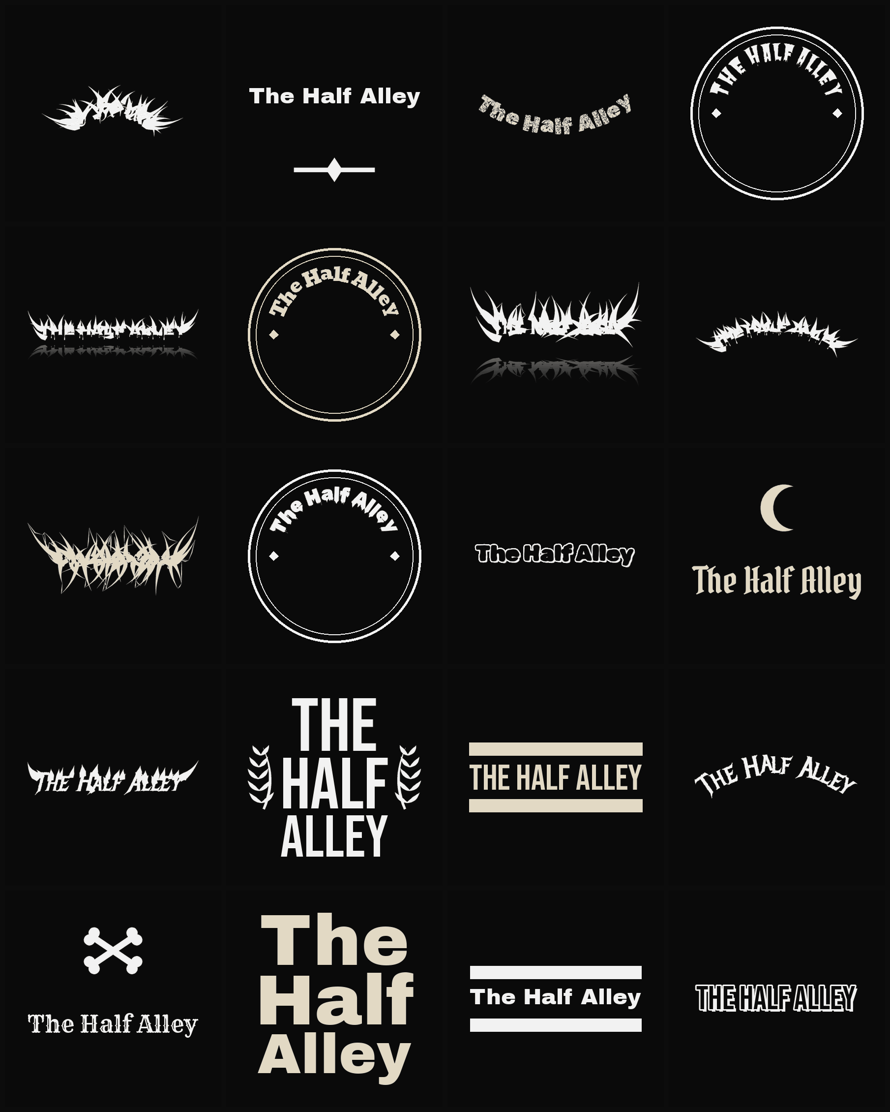 Twenty The Half Alley band logo ideas — different faces, treatments and spike settings