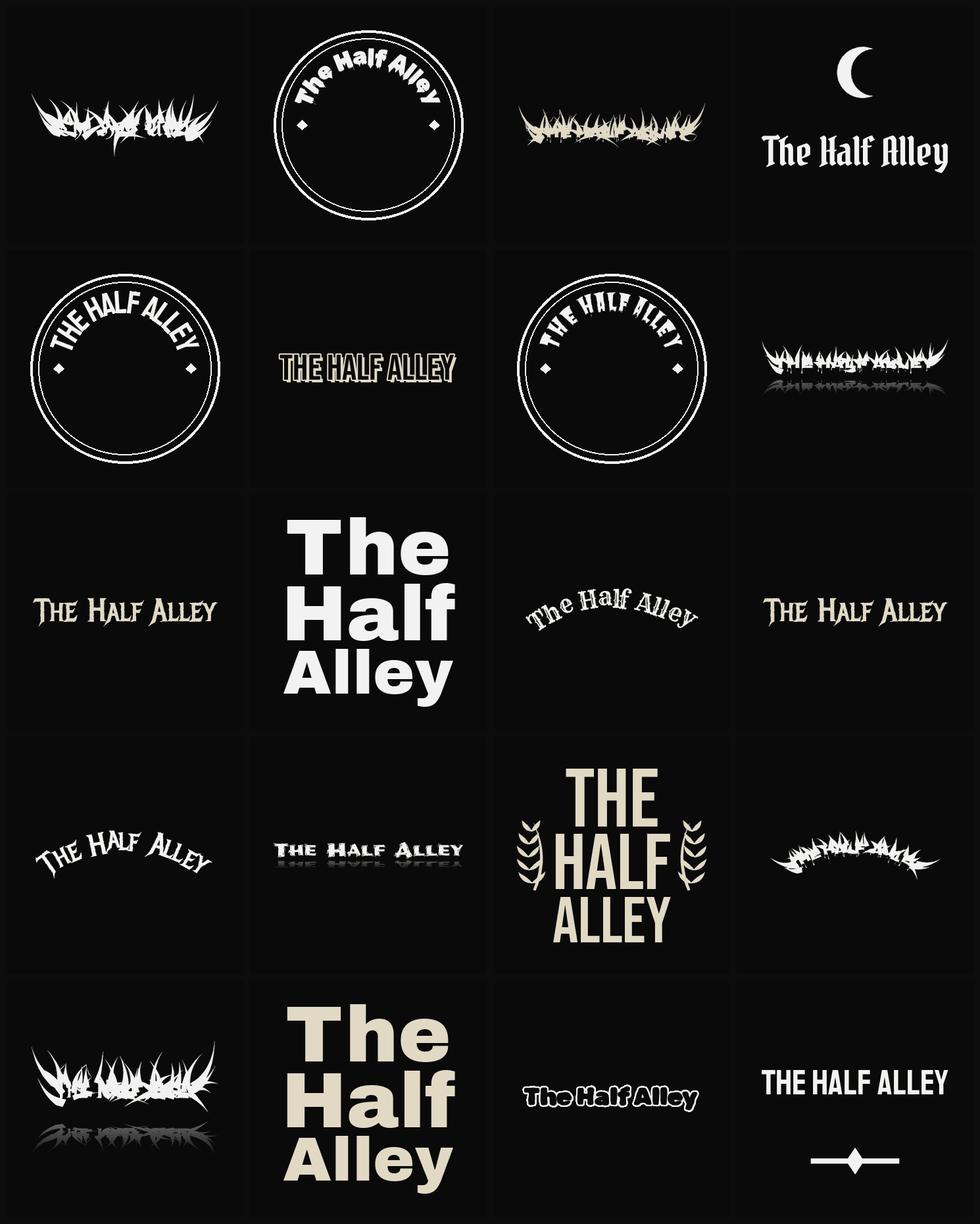 Twenty The Half Alley band logo ideas — different faces, treatments and spike settings