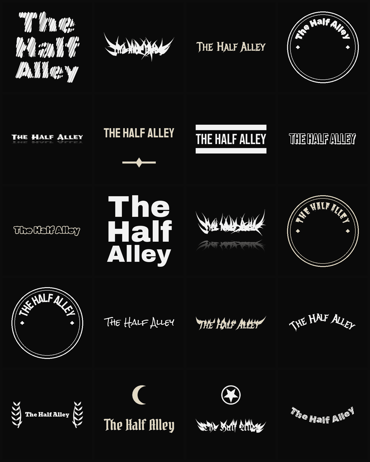 Twenty The Half Alley band logo ideas — different faces, treatments and spike settings