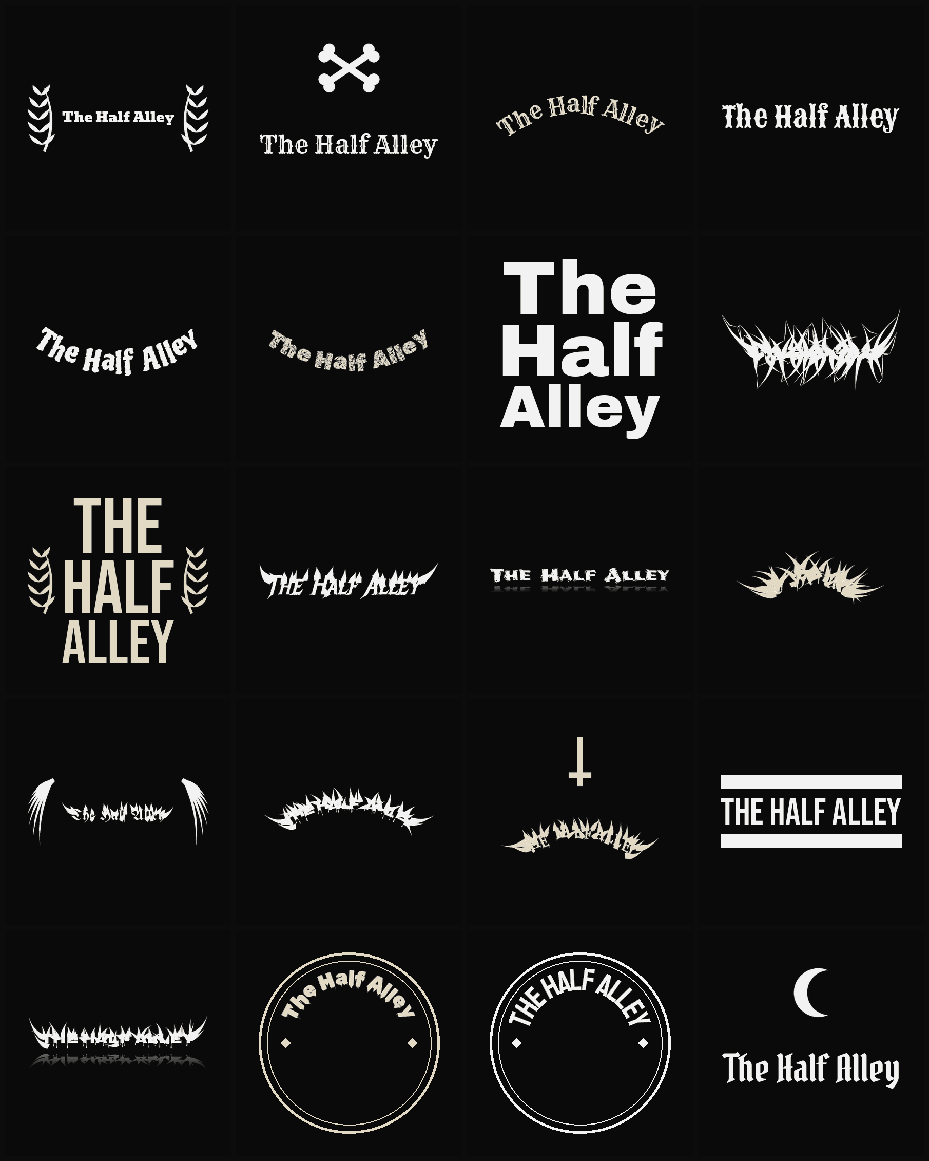 Twenty The Half Alley band logo ideas — different faces, treatments and spike settings