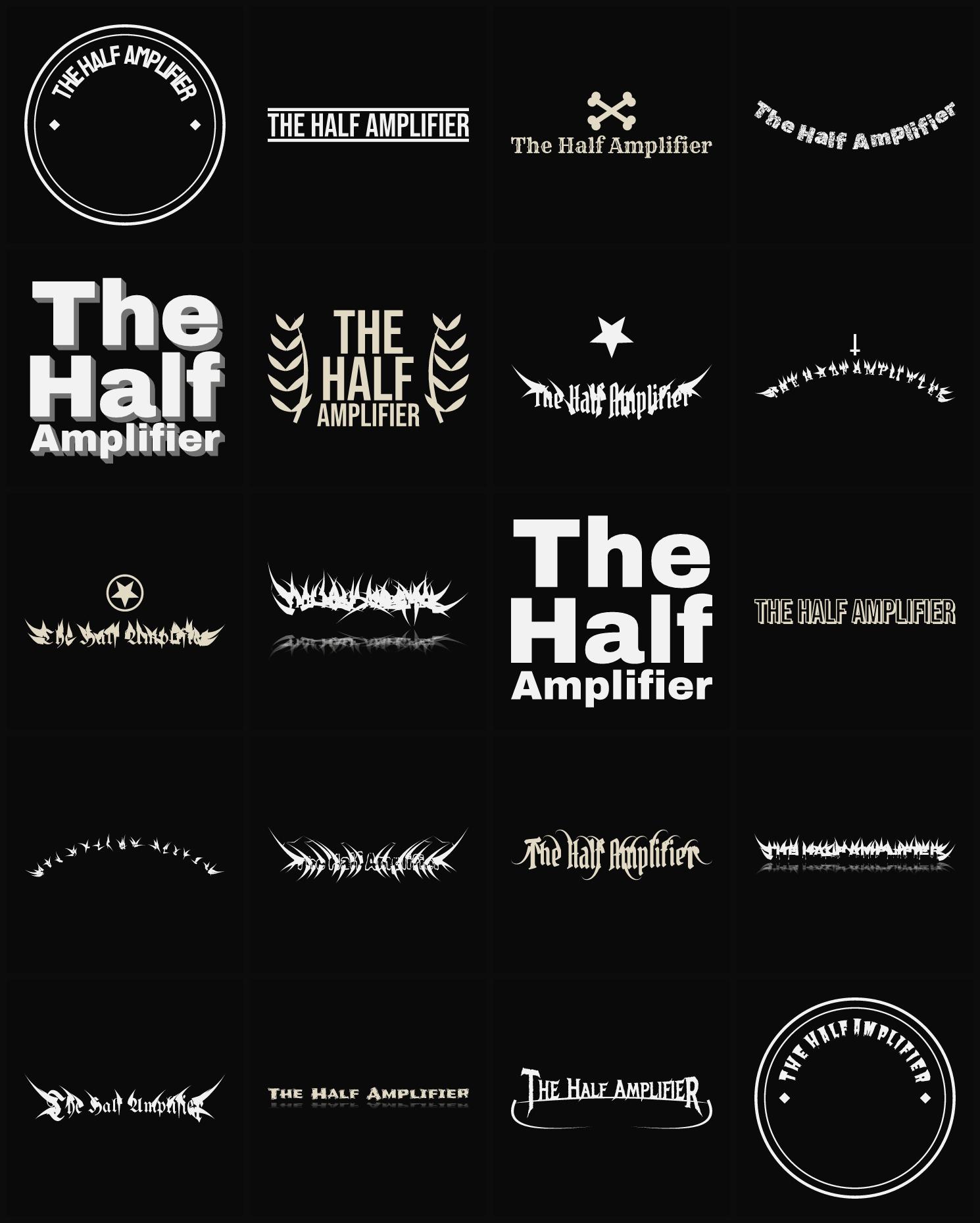 Twenty The Half Amplifier band logo ideas — different faces, treatments and spike settings