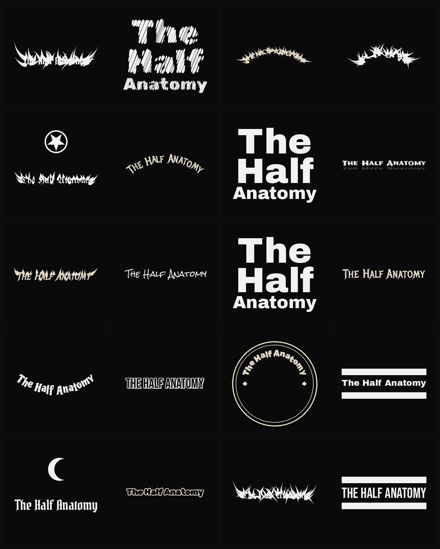Twenty The Half Anatomy band logo ideas — different faces, treatments and spike settings