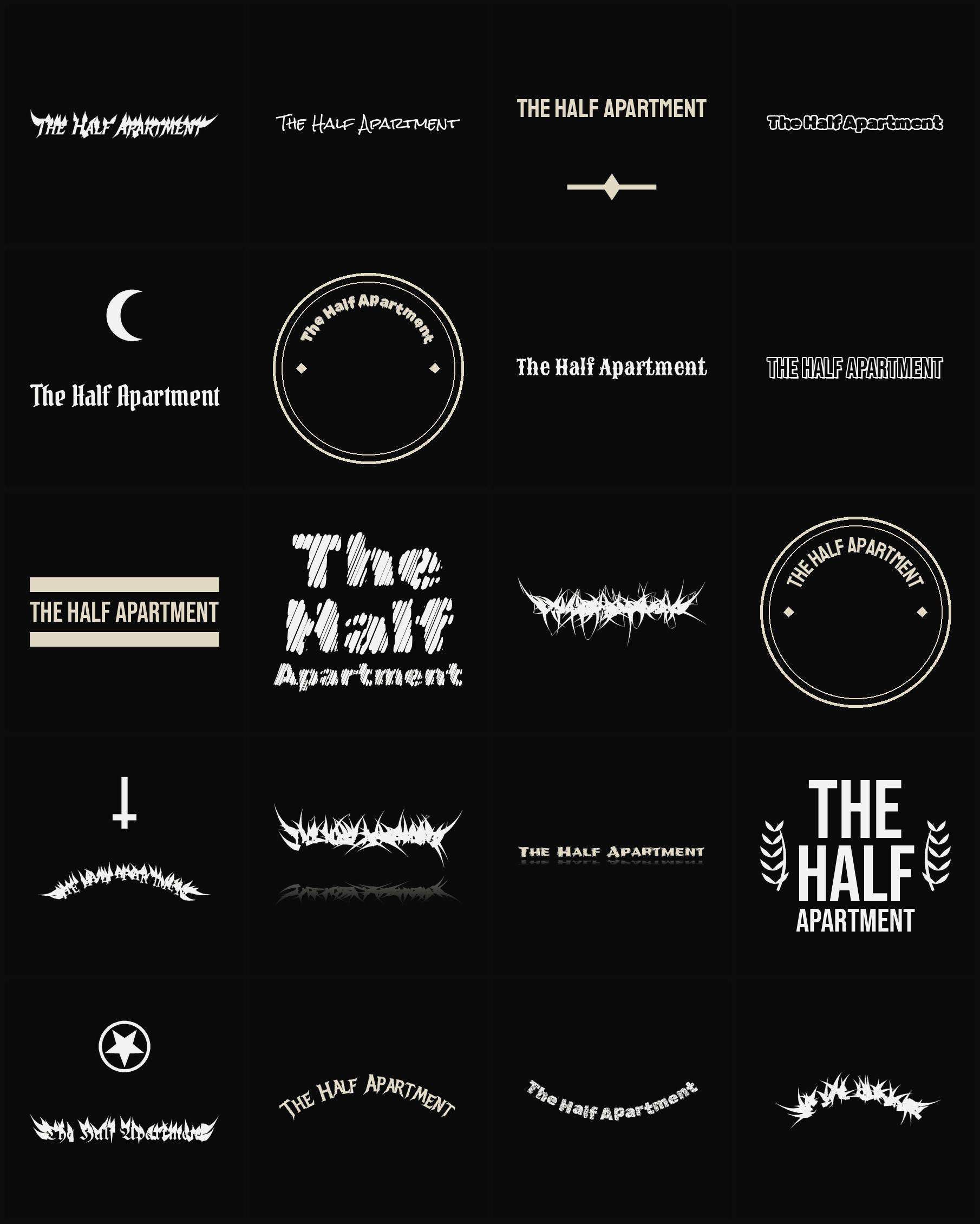 Twenty The Half Apartment band logo ideas — different faces, treatments and spike settings