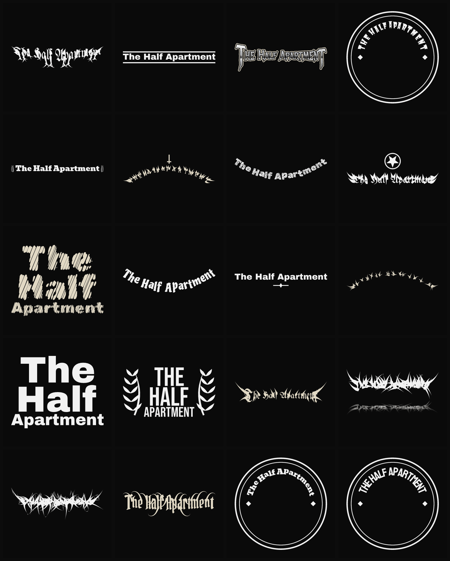Twenty The Half Apartment band logo ideas — different faces, treatments and spike settings