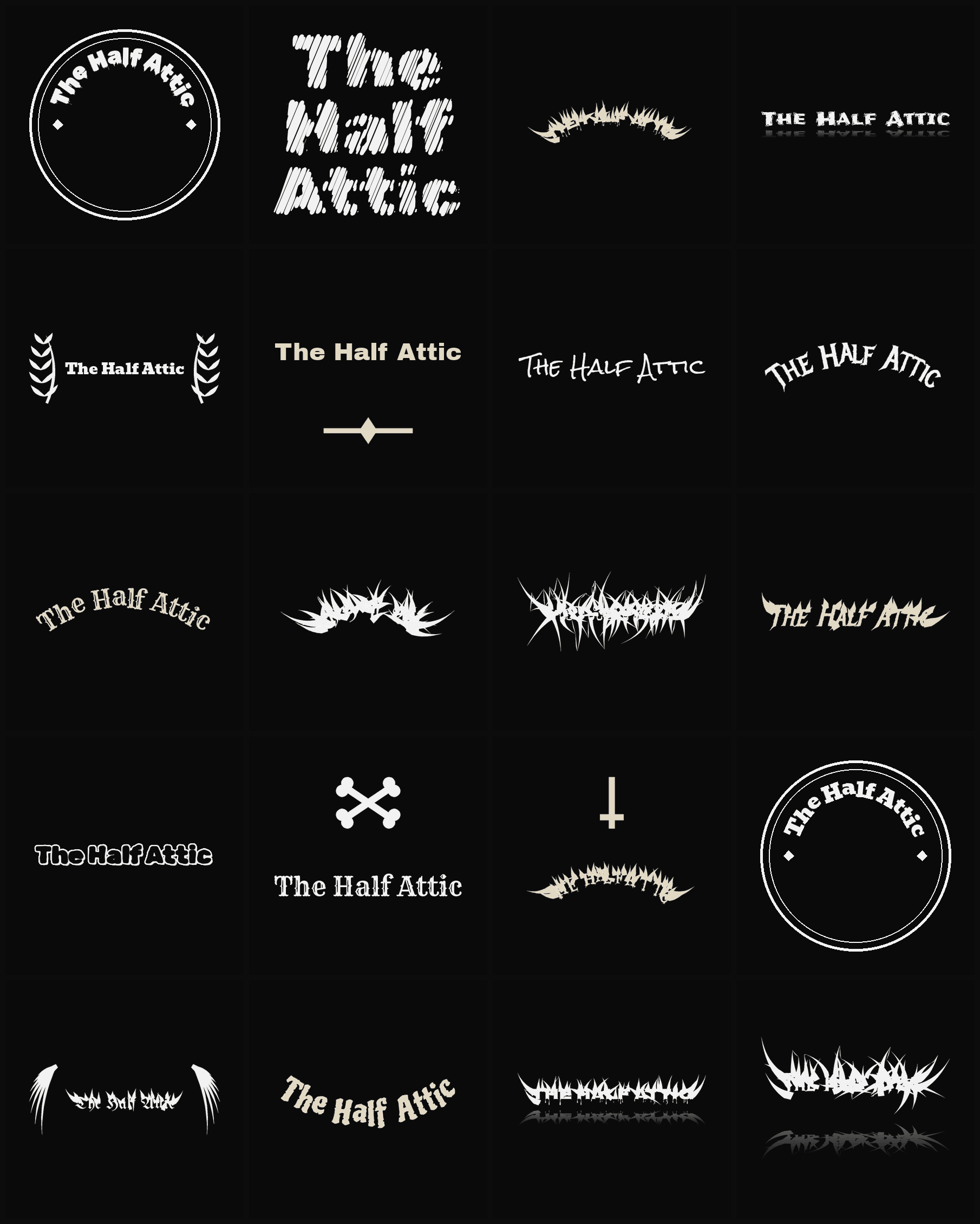 Twenty The Half Attic band logo ideas — different faces, treatments and spike settings