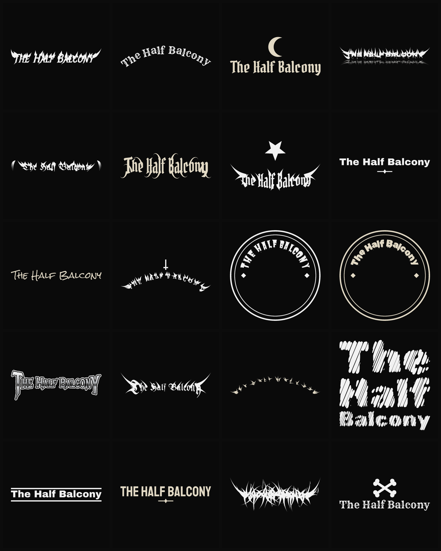 Twenty The Half Balcony band logo ideas — different faces, treatments and spike settings