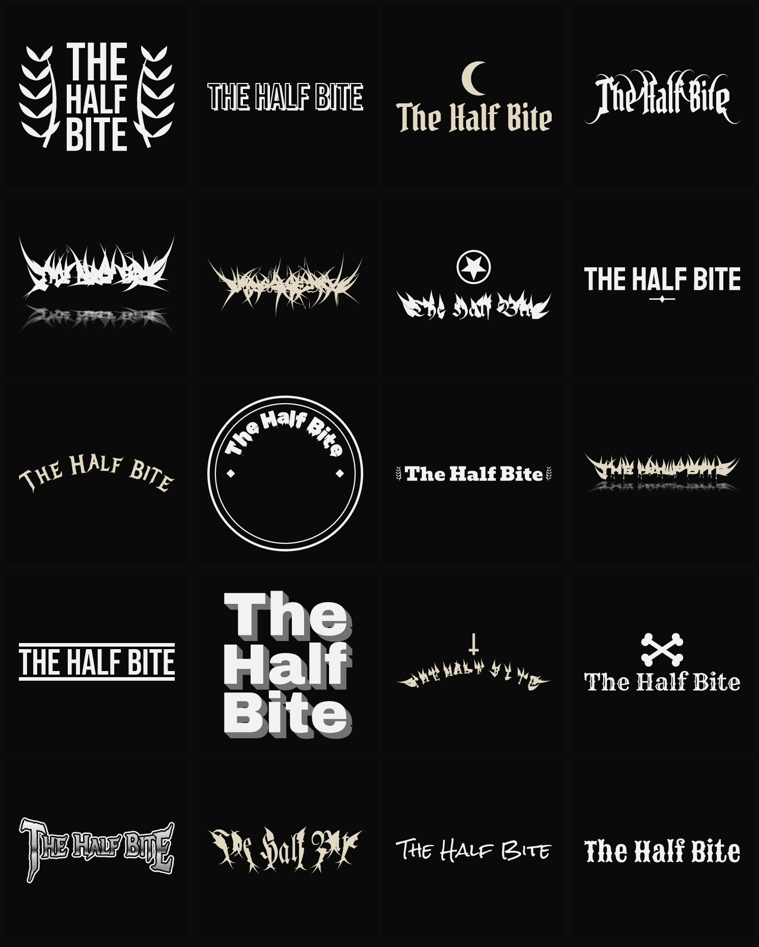 Twenty The Half Bite band logo ideas — different faces, treatments and spike settings