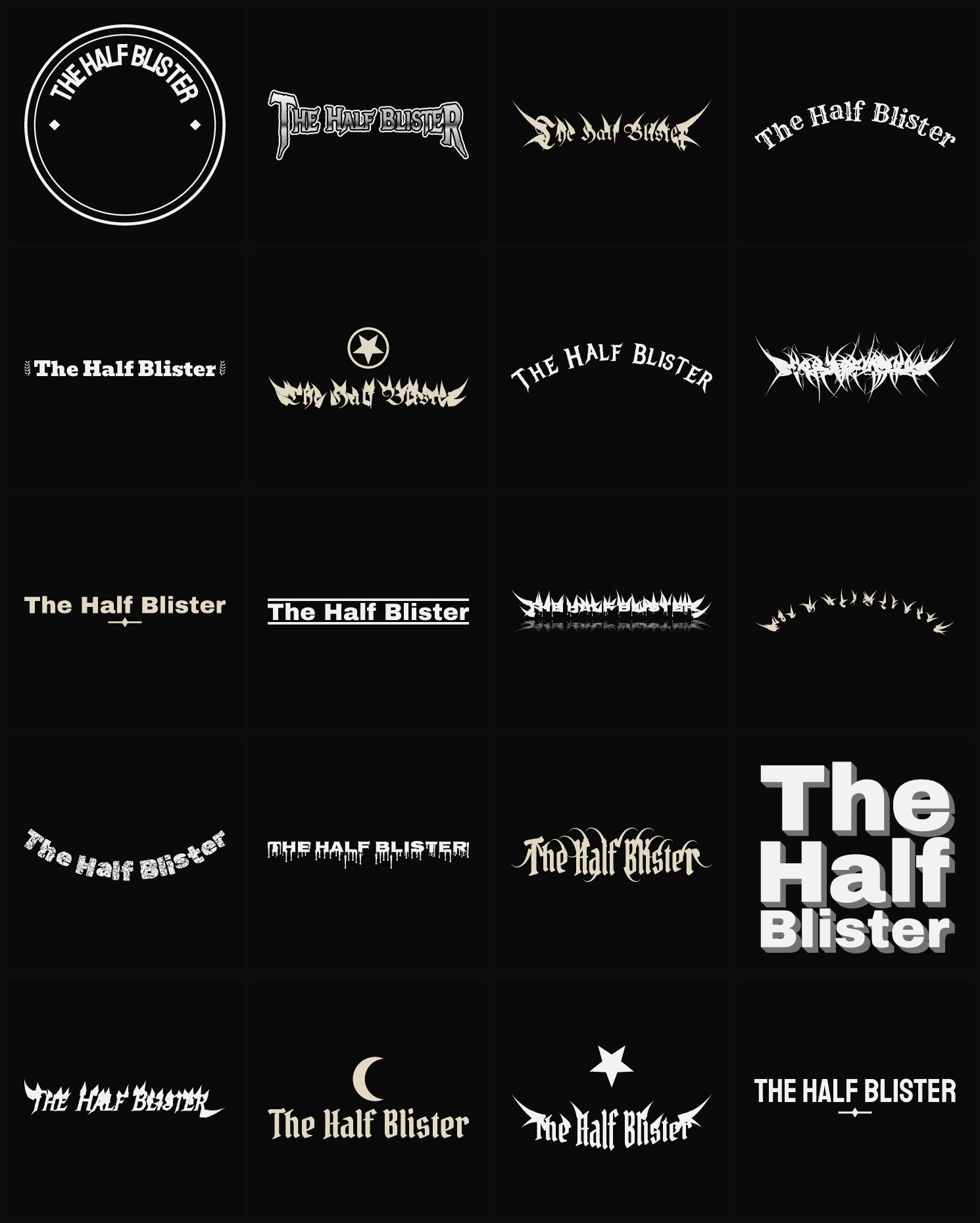Twenty The Half Blister band logo ideas — different faces, treatments and spike settings