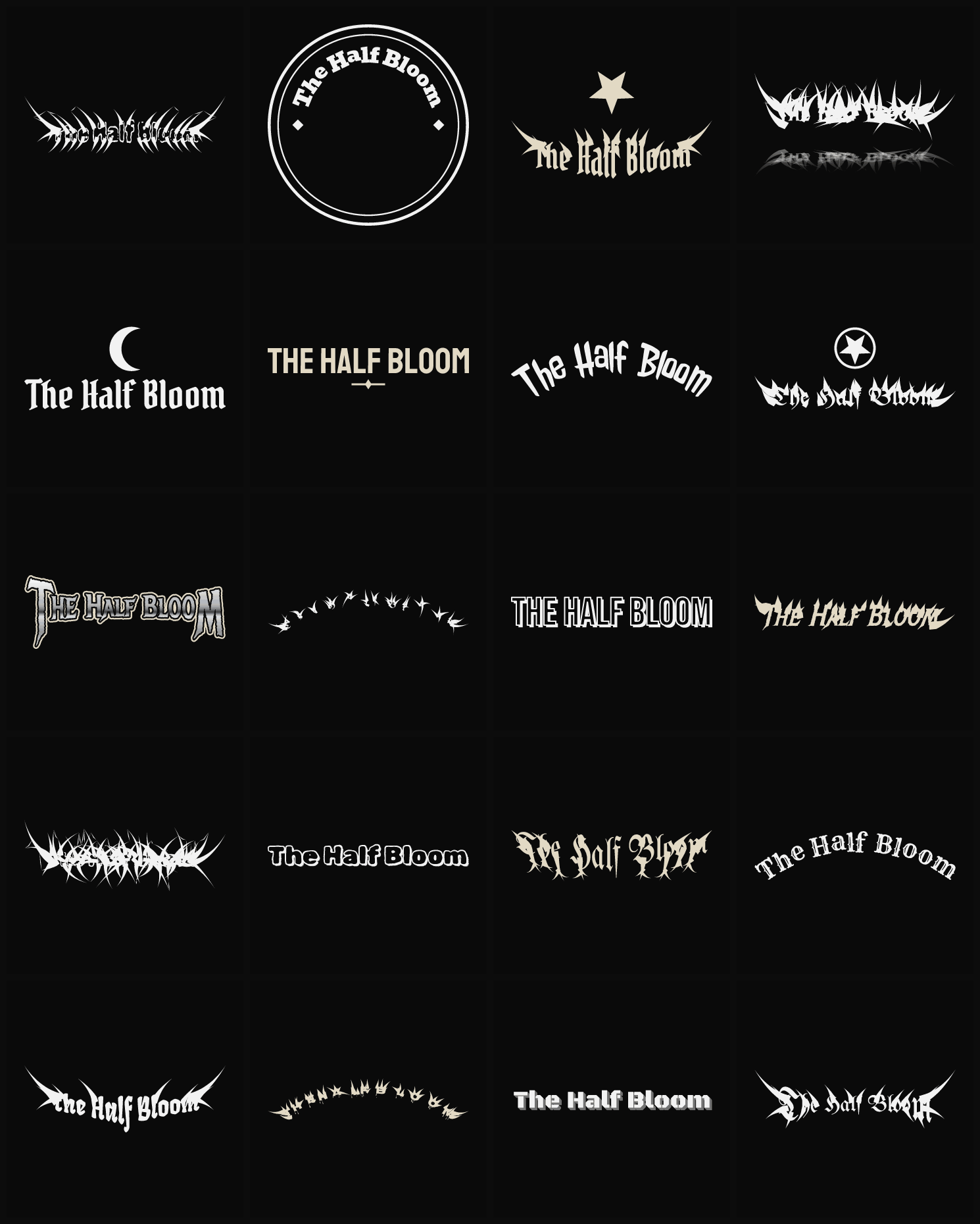 Twenty The Half Bloom band logo ideas — different faces, treatments and spike settings