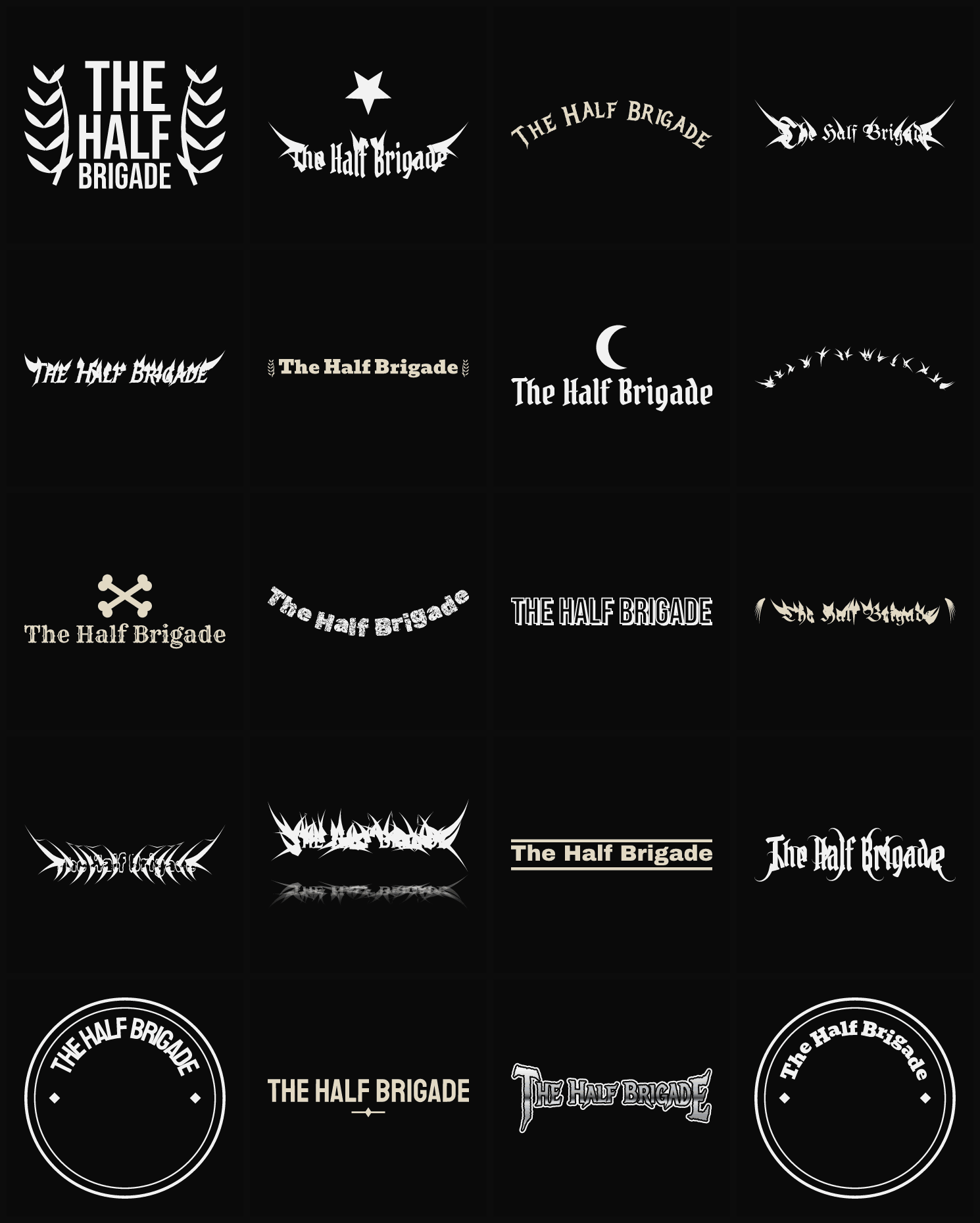 Twenty The Half Brigade band logo ideas — different faces, treatments and spike settings