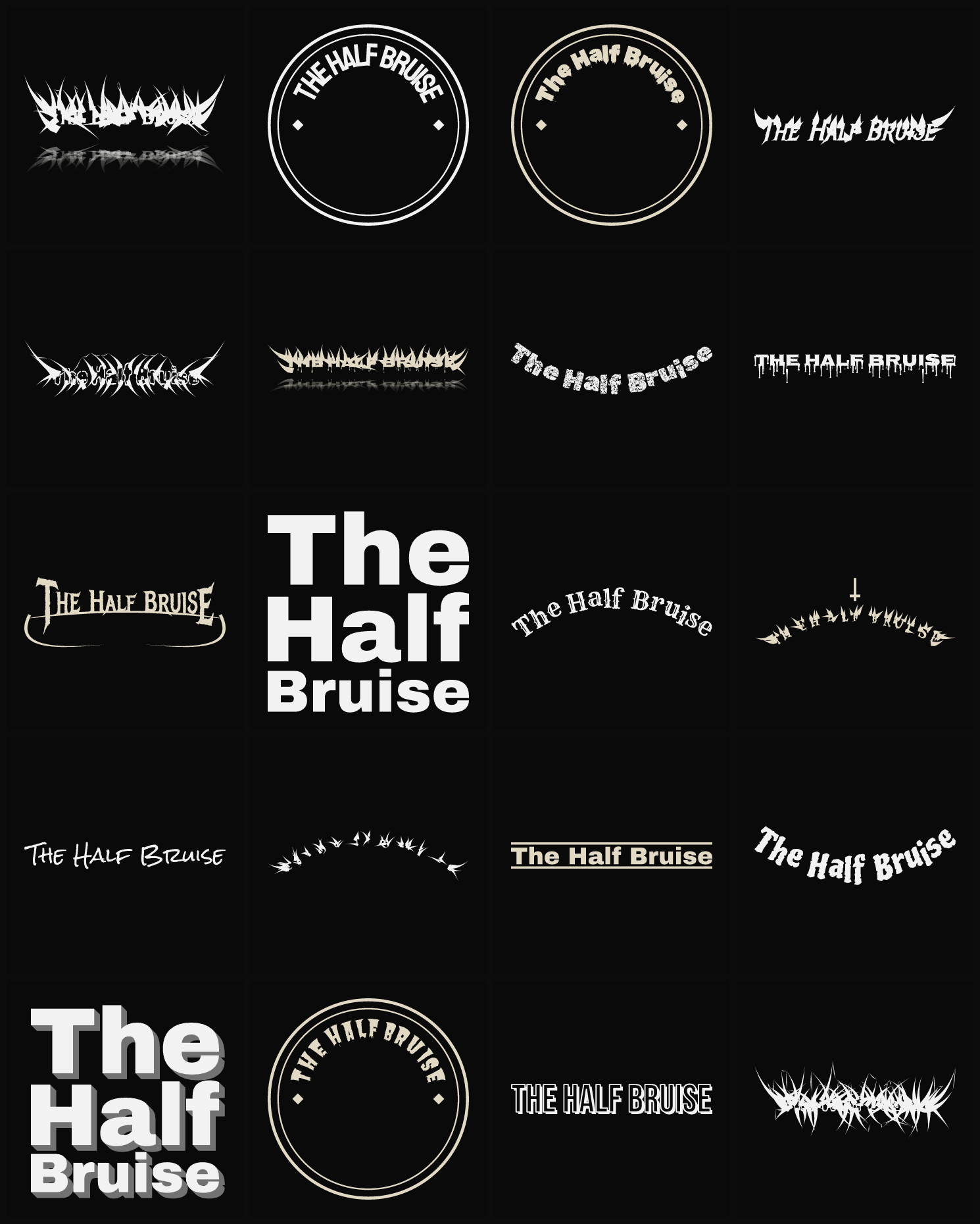 Twenty The Half Bruise band logo ideas — different faces, treatments and spike settings