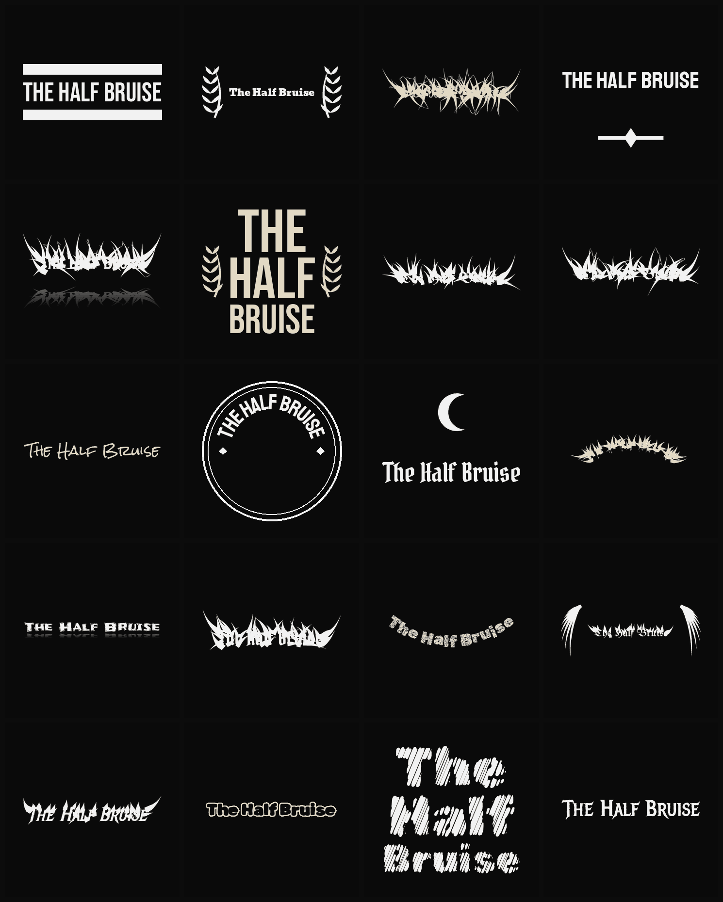 Twenty The Half Bruise band logo ideas — different faces, treatments and spike settings