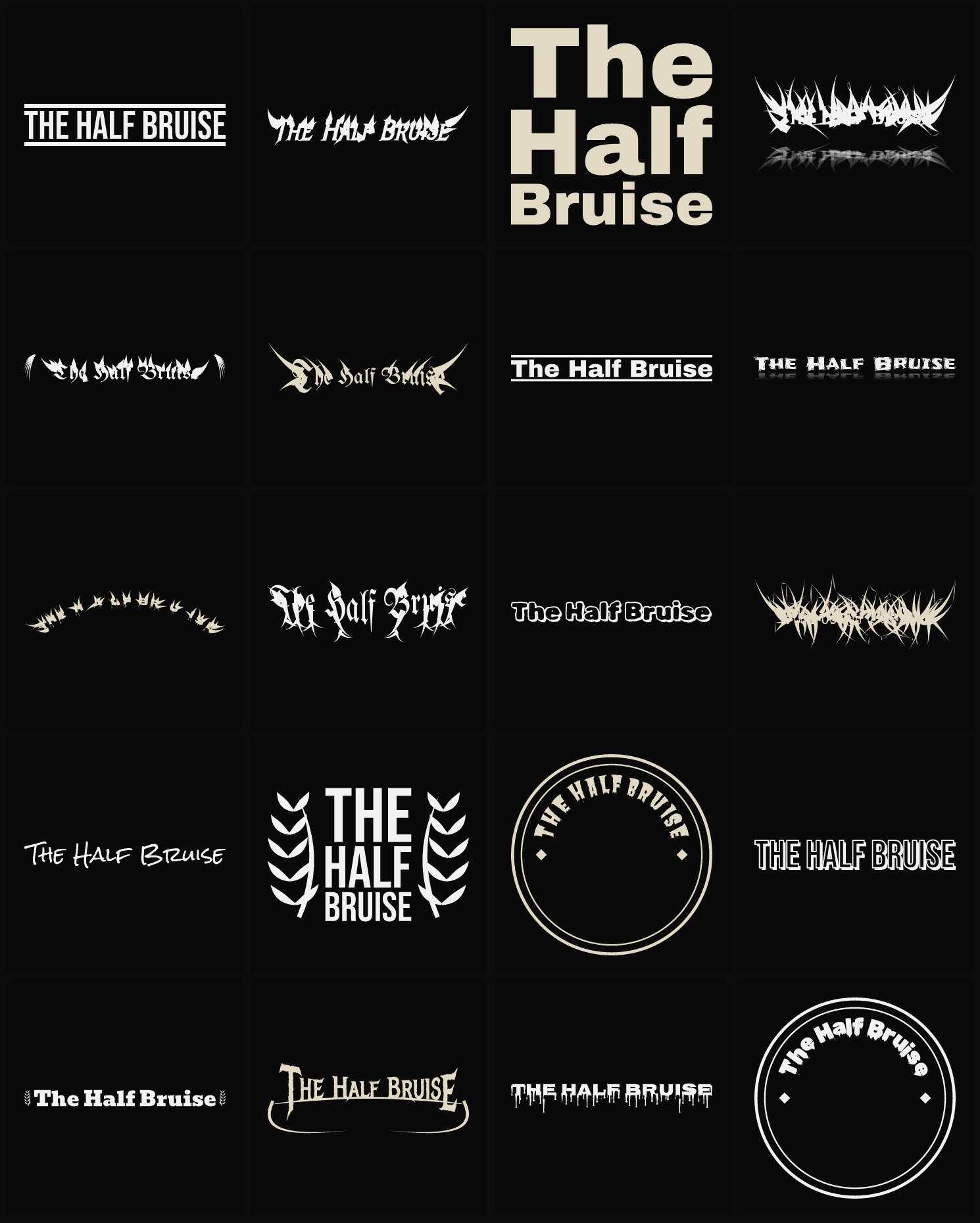 Twenty The Half Bruise band logo ideas — different faces, treatments and spike settings