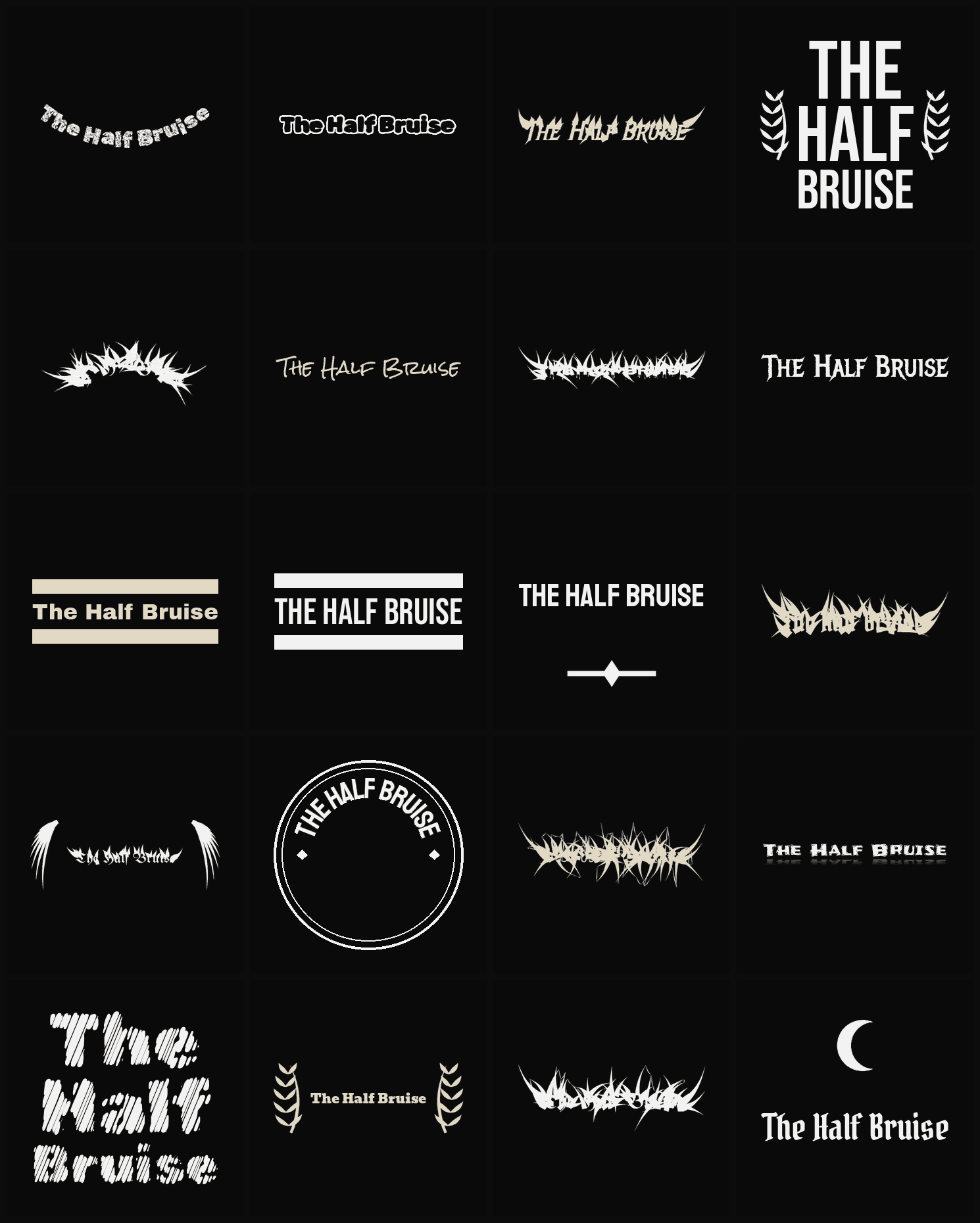 Twenty The Half Bruise band logo ideas — different faces, treatments and spike settings