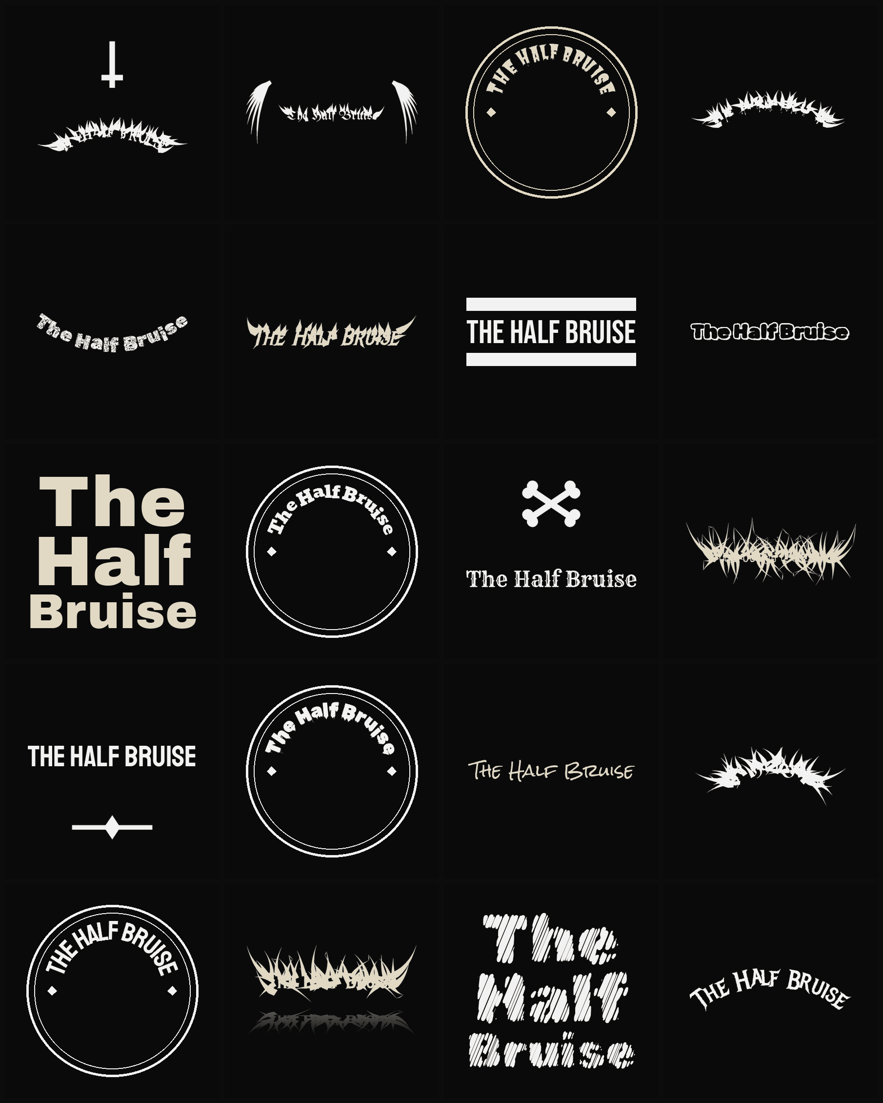 Twenty The Half Bruise band logo ideas — different faces, treatments and spike settings