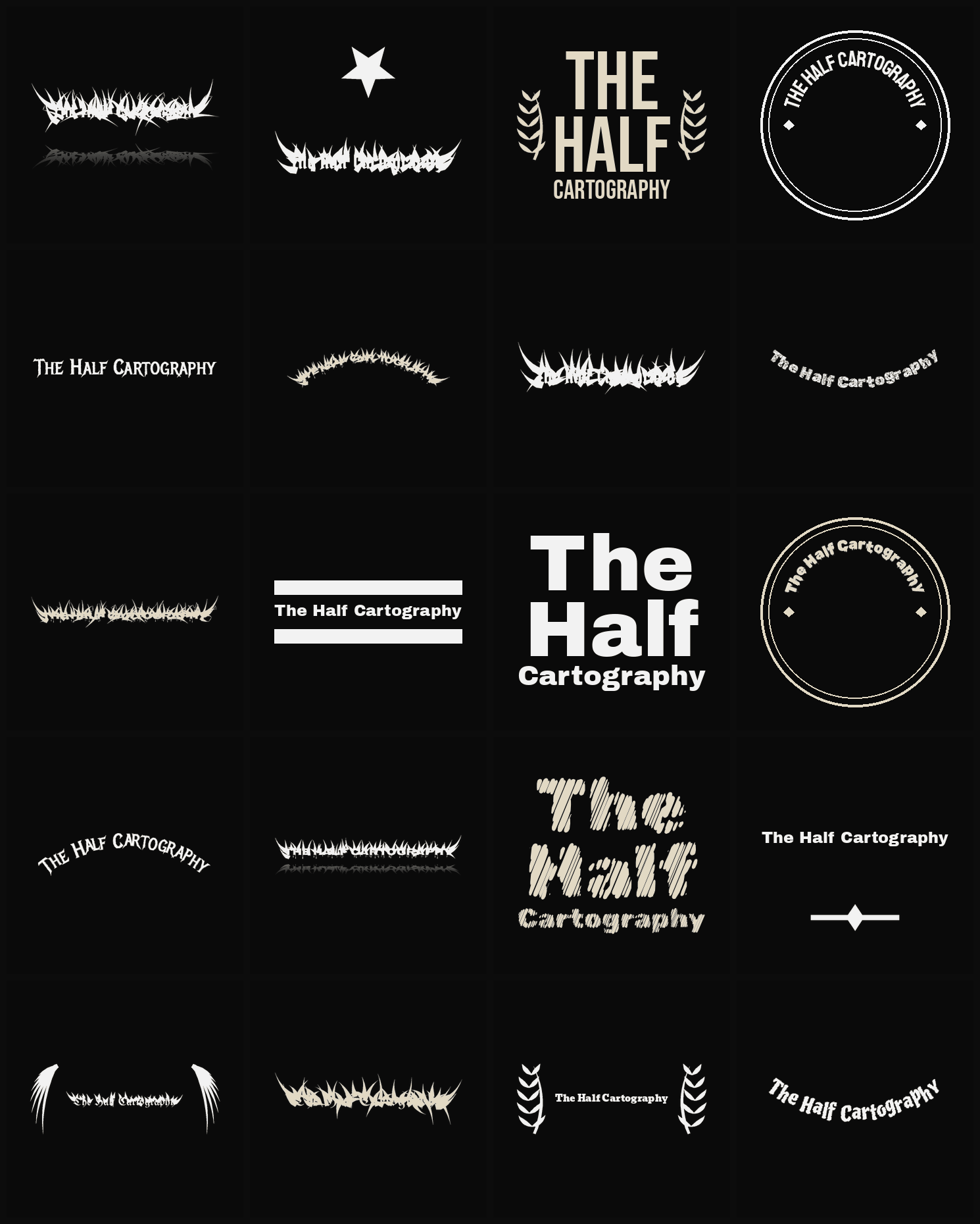 Twenty The Half Cartography band logo ideas — different faces, treatments and spike settings