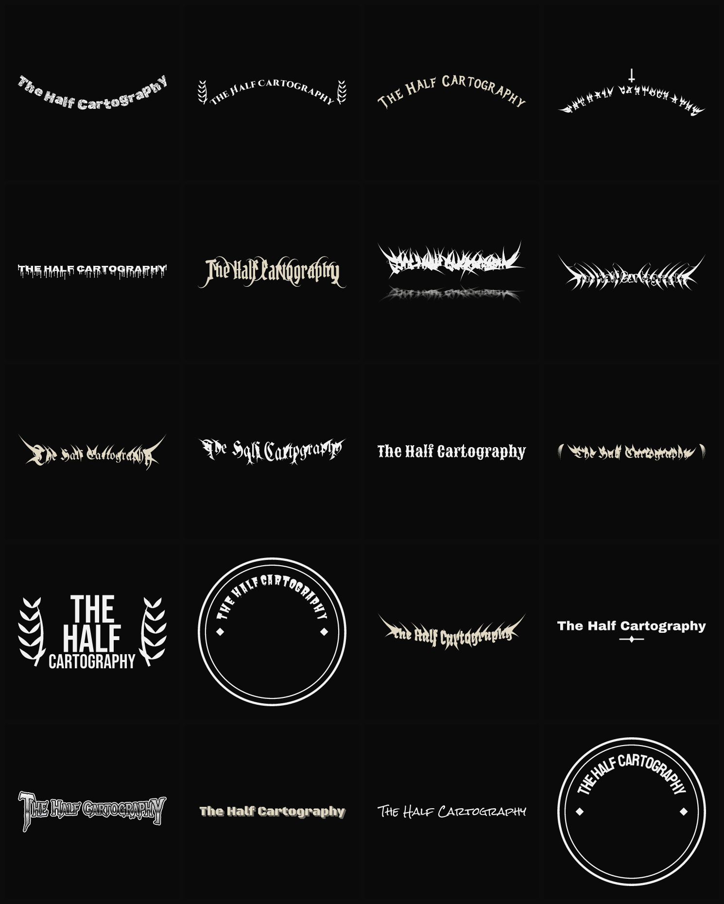 Twenty The Half Cartography band logo ideas — different faces, treatments and spike settings
