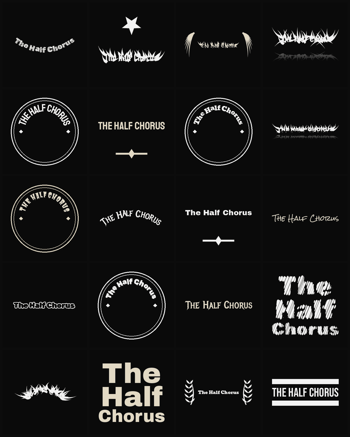 Twenty The Half Chorus band logo ideas — different faces, treatments and spike settings