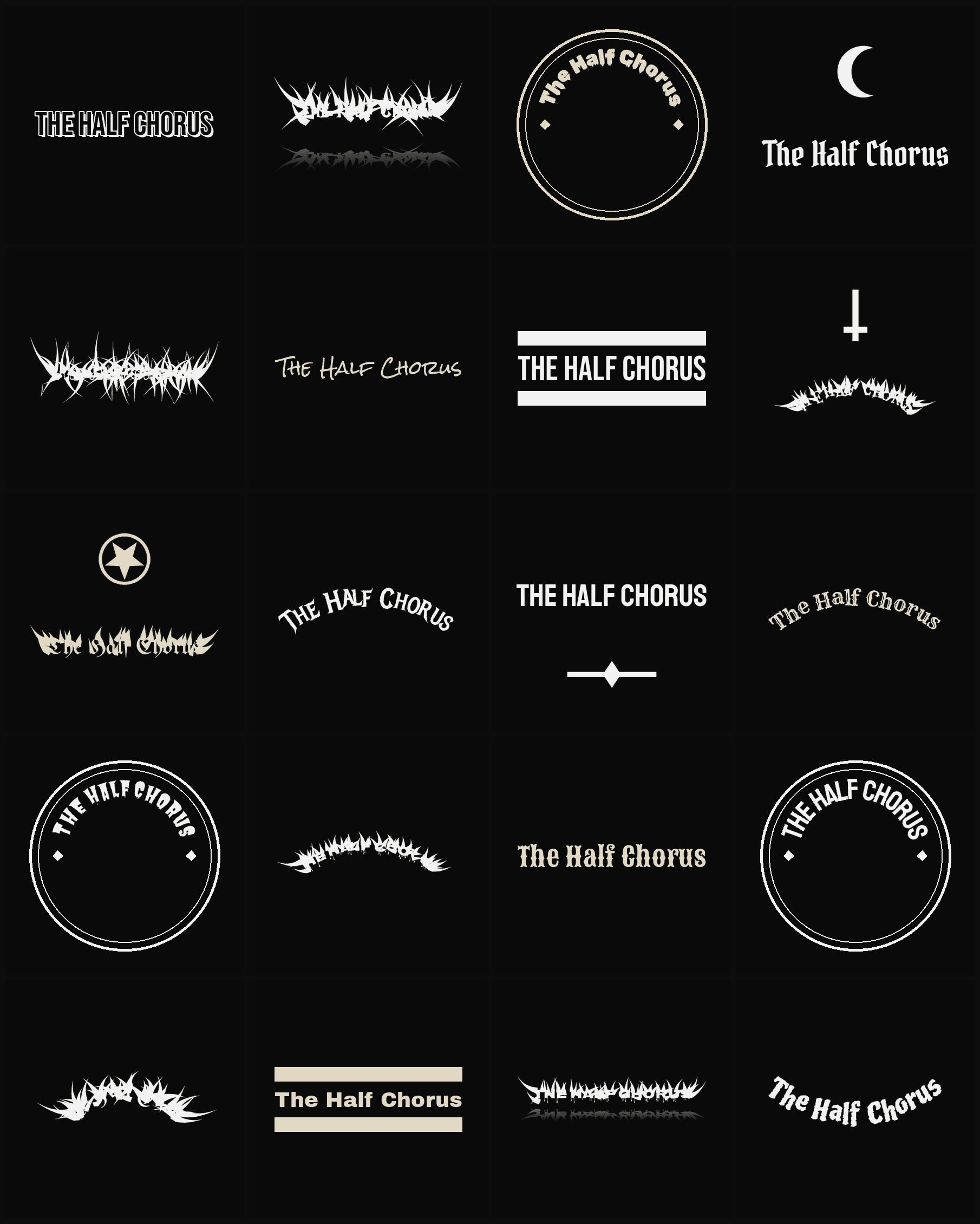 Twenty The Half Chorus band logo ideas — different faces, treatments and spike settings