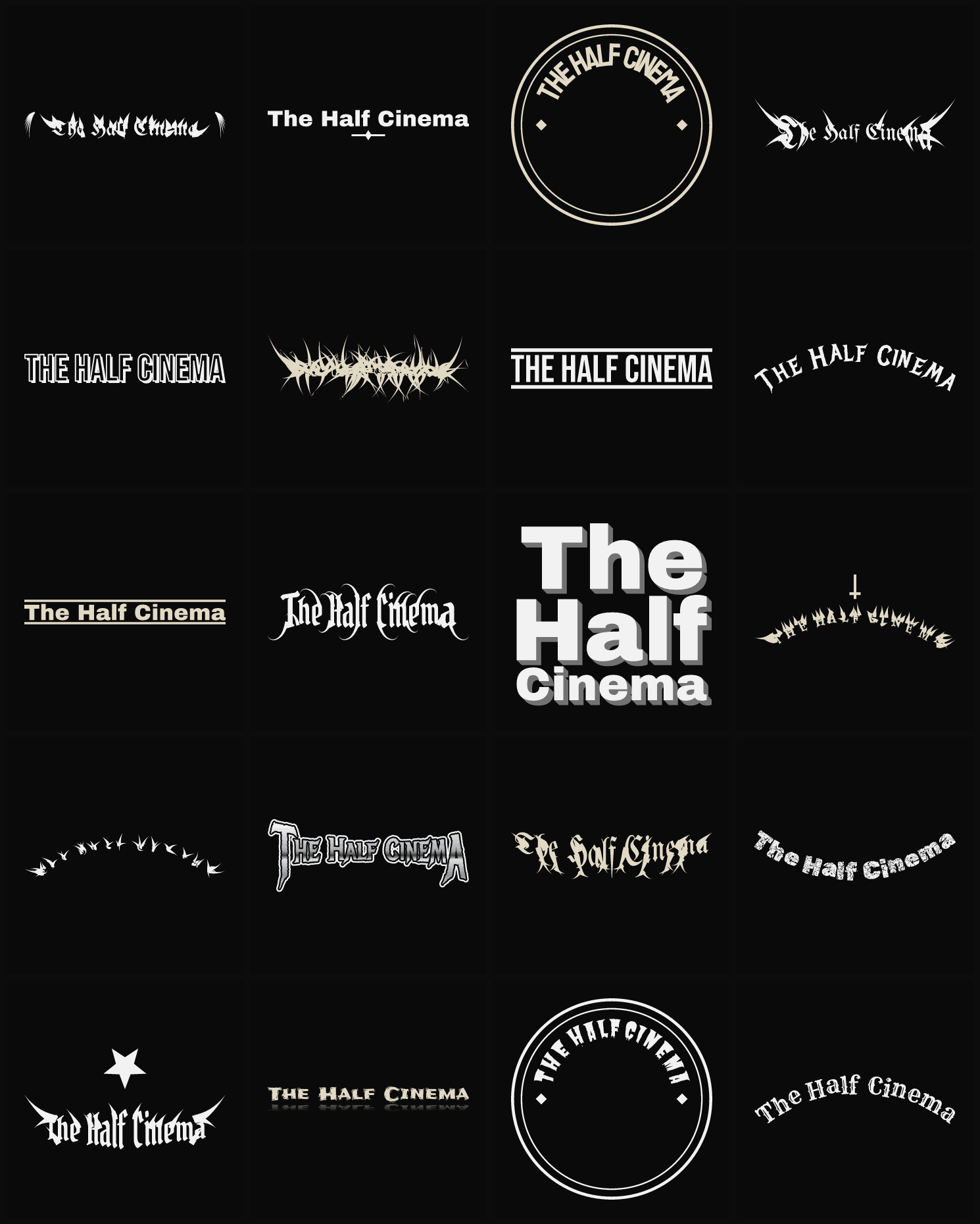Twenty The Half Cinema band logo ideas — different faces, treatments and spike settings