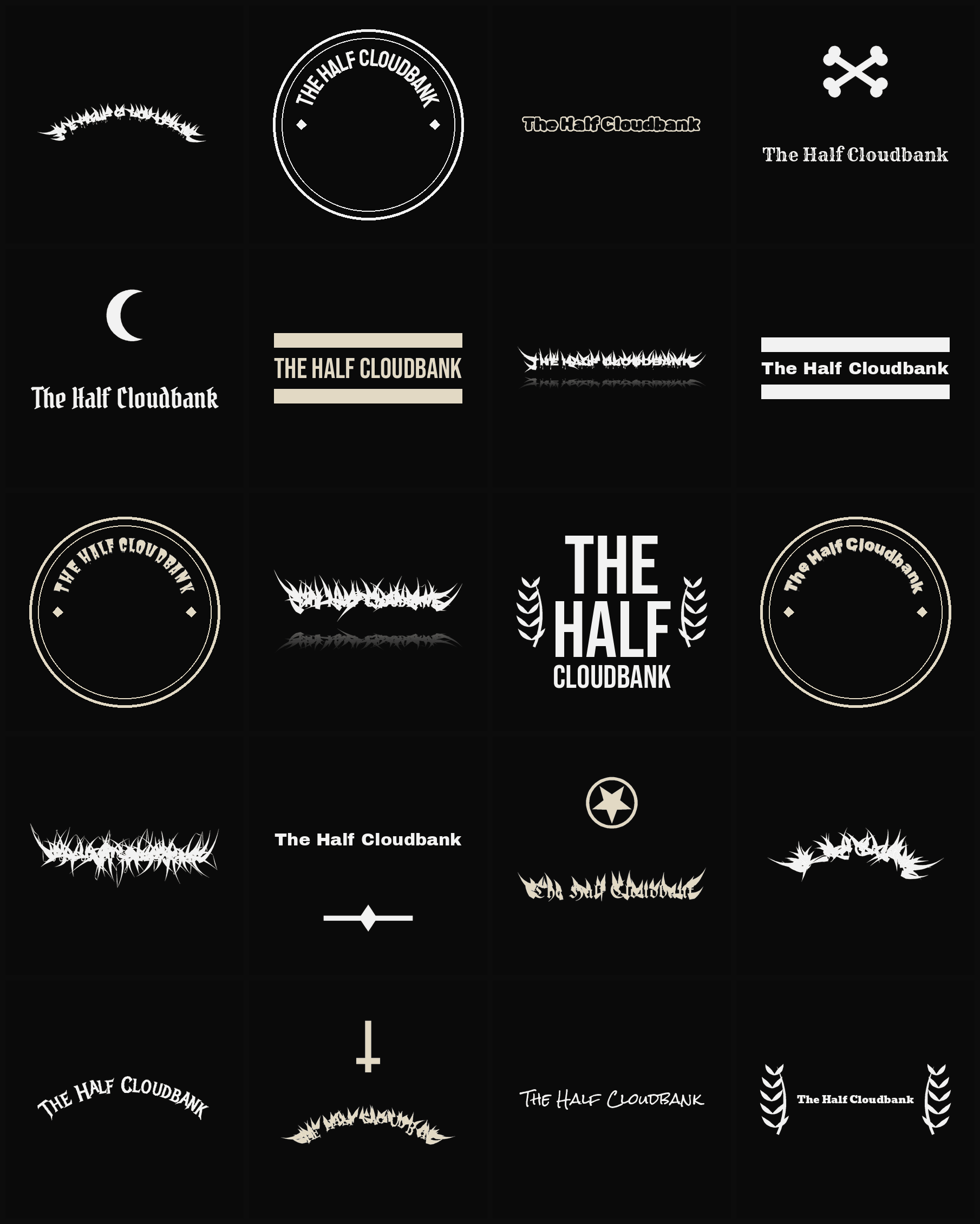 Twenty The Half Cloudbank band logo ideas — different faces, treatments and spike settings