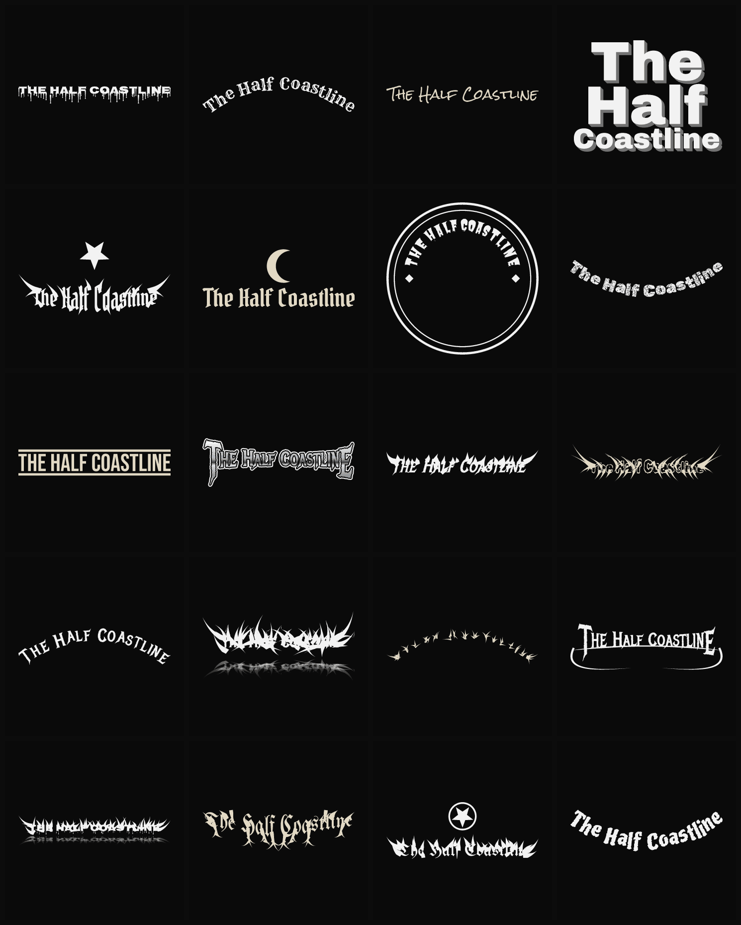 Twenty The Half Coastline band logo ideas — different faces, treatments and spike settings