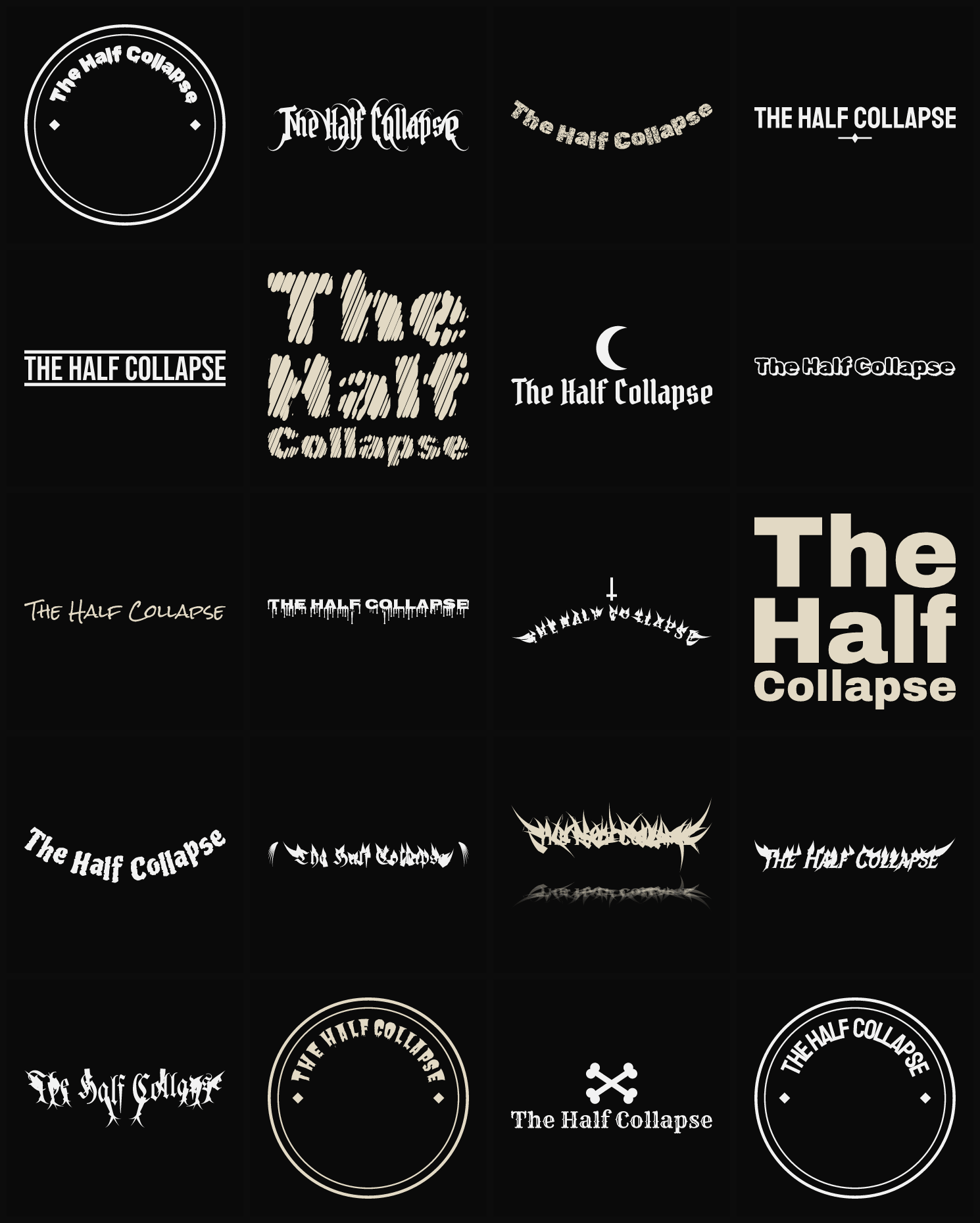 Twenty The Half Collapse band logo ideas — different faces, treatments and spike settings