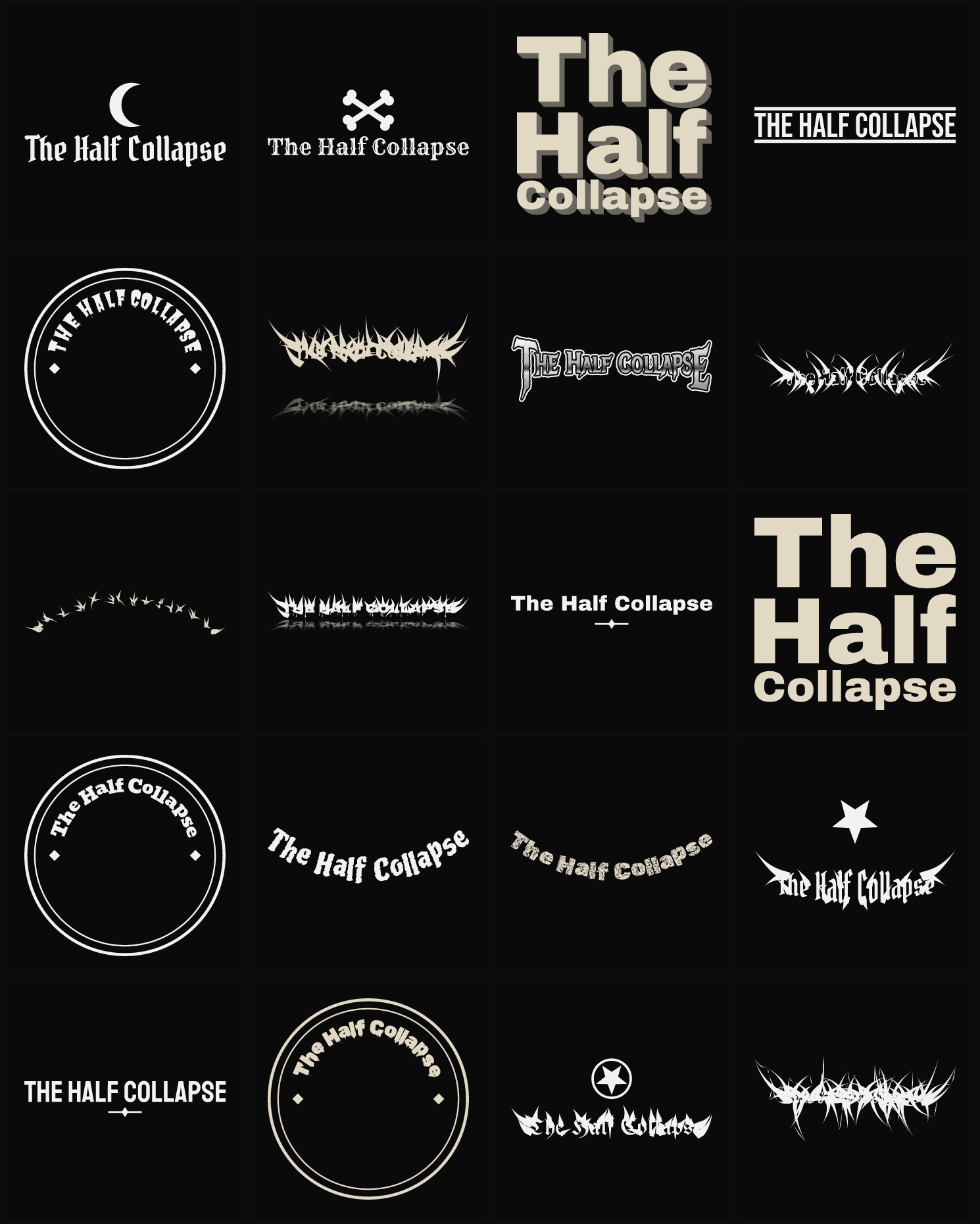 Twenty The Half Collapse band logo ideas — different faces, treatments and spike settings