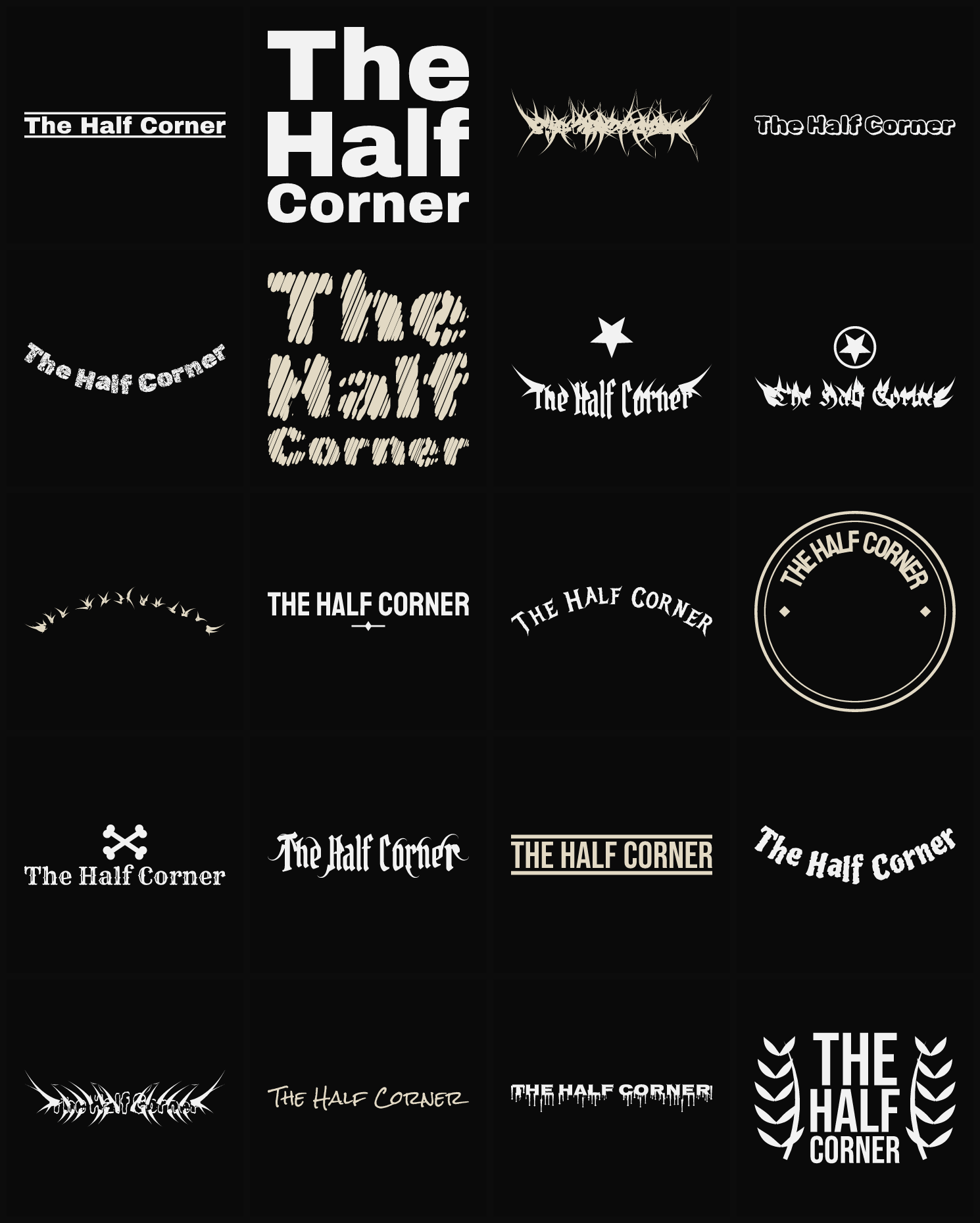 Twenty The Half Corner band logo ideas — different faces, treatments and spike settings