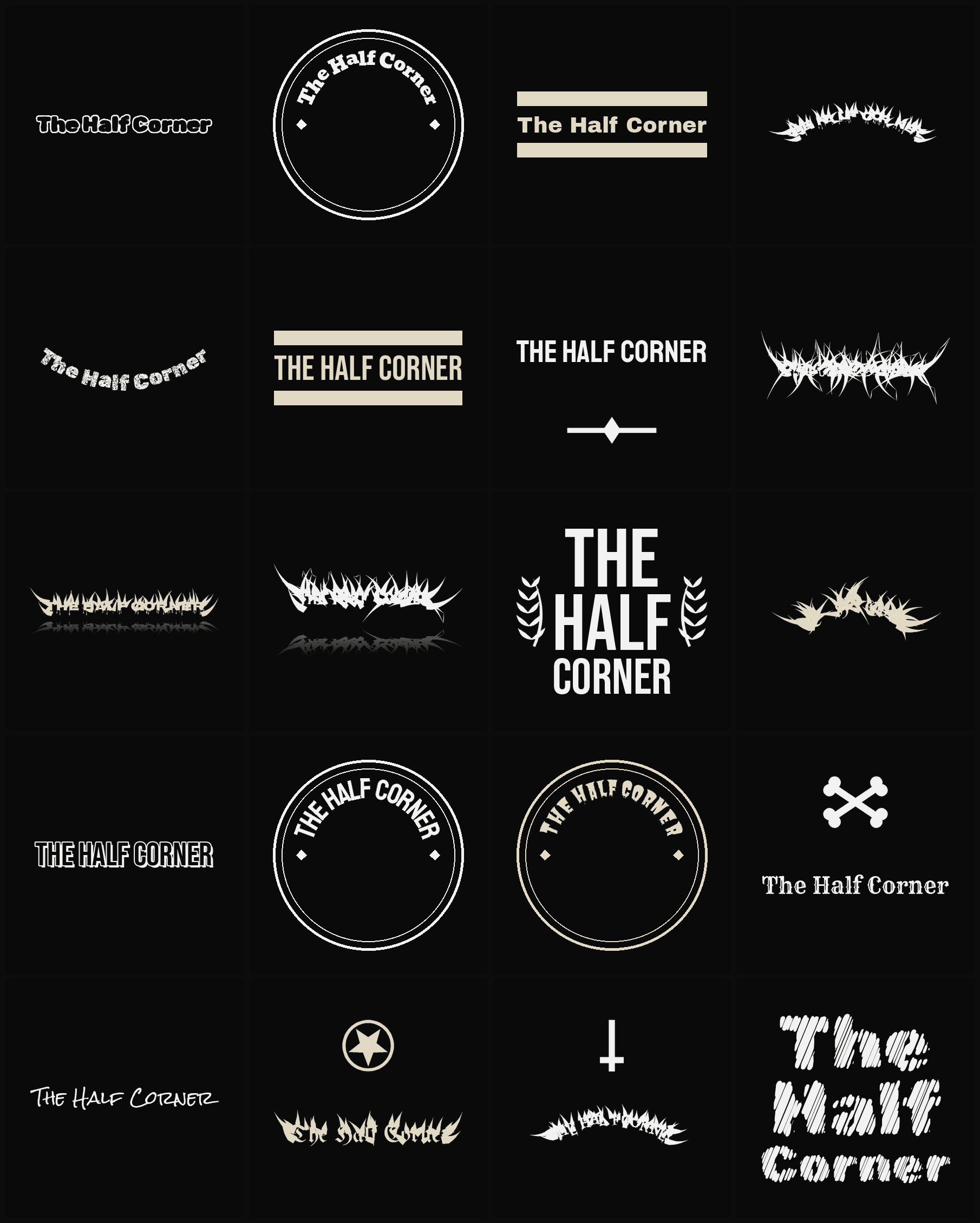 Twenty The Half Corner band logo ideas — different faces, treatments and spike settings