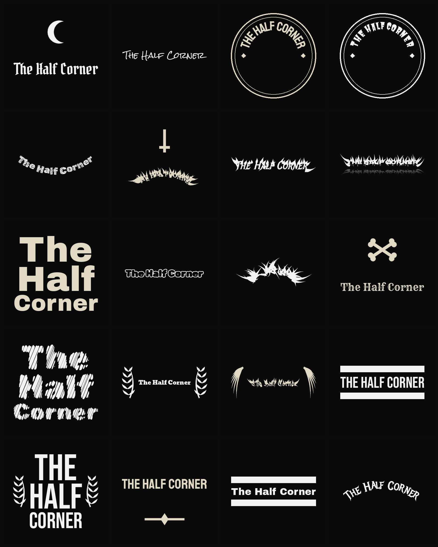 Twenty The Half Corner band logo ideas — different faces, treatments and spike settings