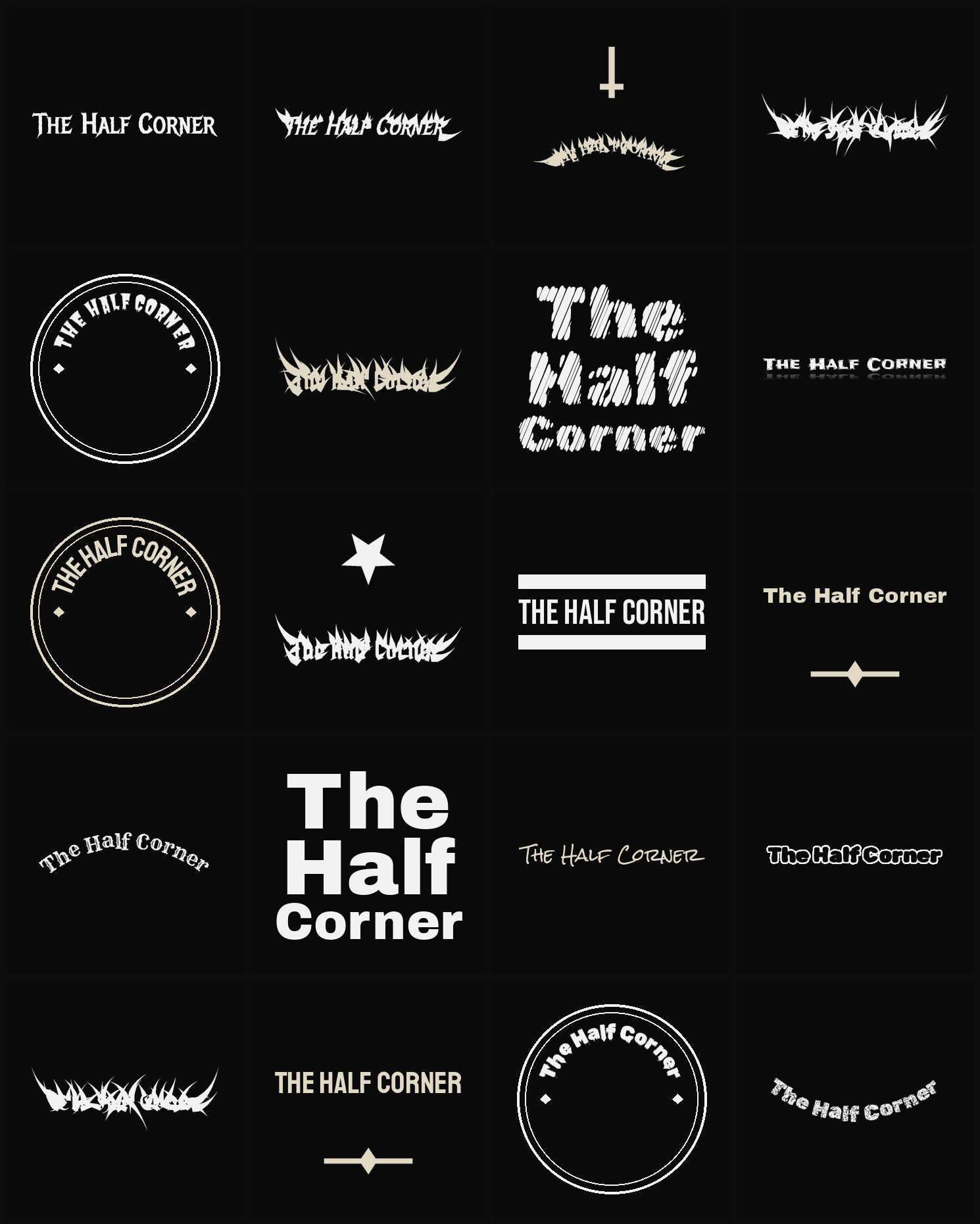 Twenty The Half Corner band logo ideas — different faces, treatments and spike settings