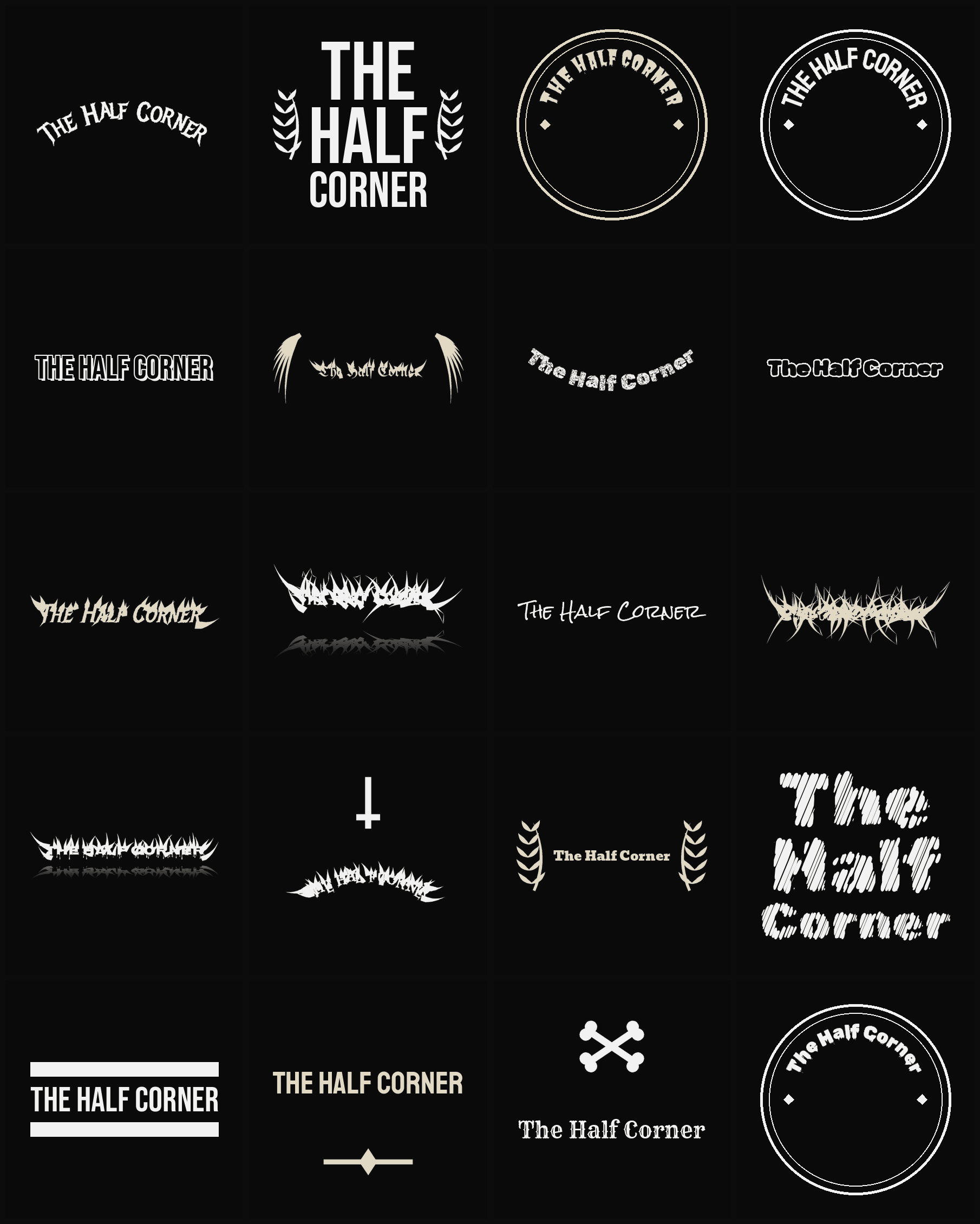 Twenty The Half Corner band logo ideas — different faces, treatments and spike settings