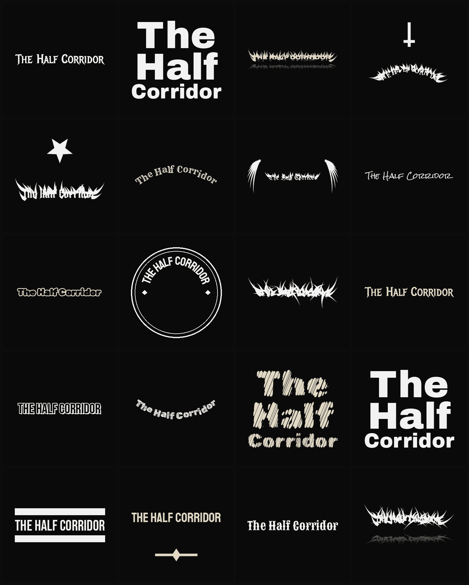 Twenty The Half Corridor band logo ideas — different faces, treatments and spike settings