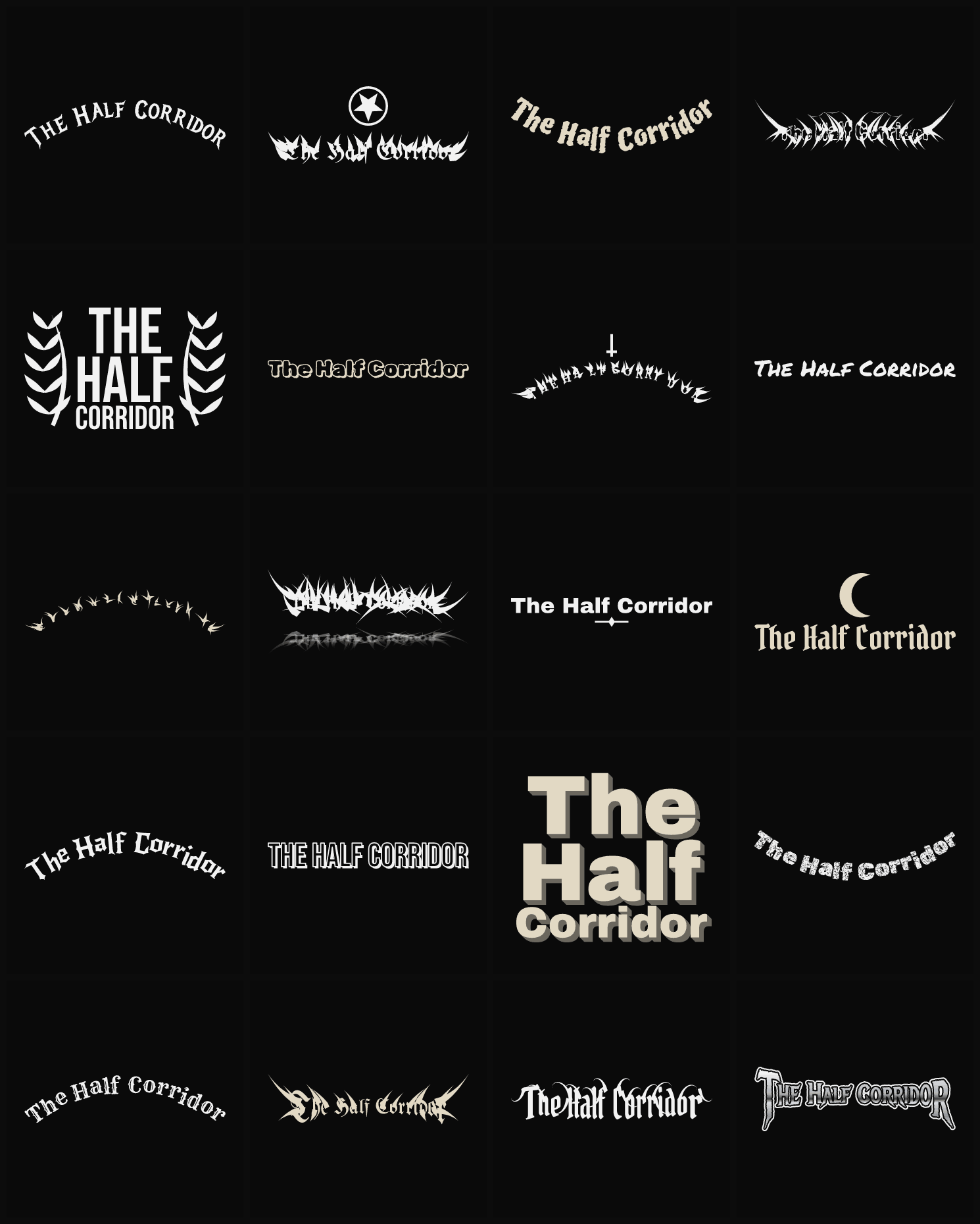 Twenty The Half Corridor band logo ideas — different faces, treatments and spike settings