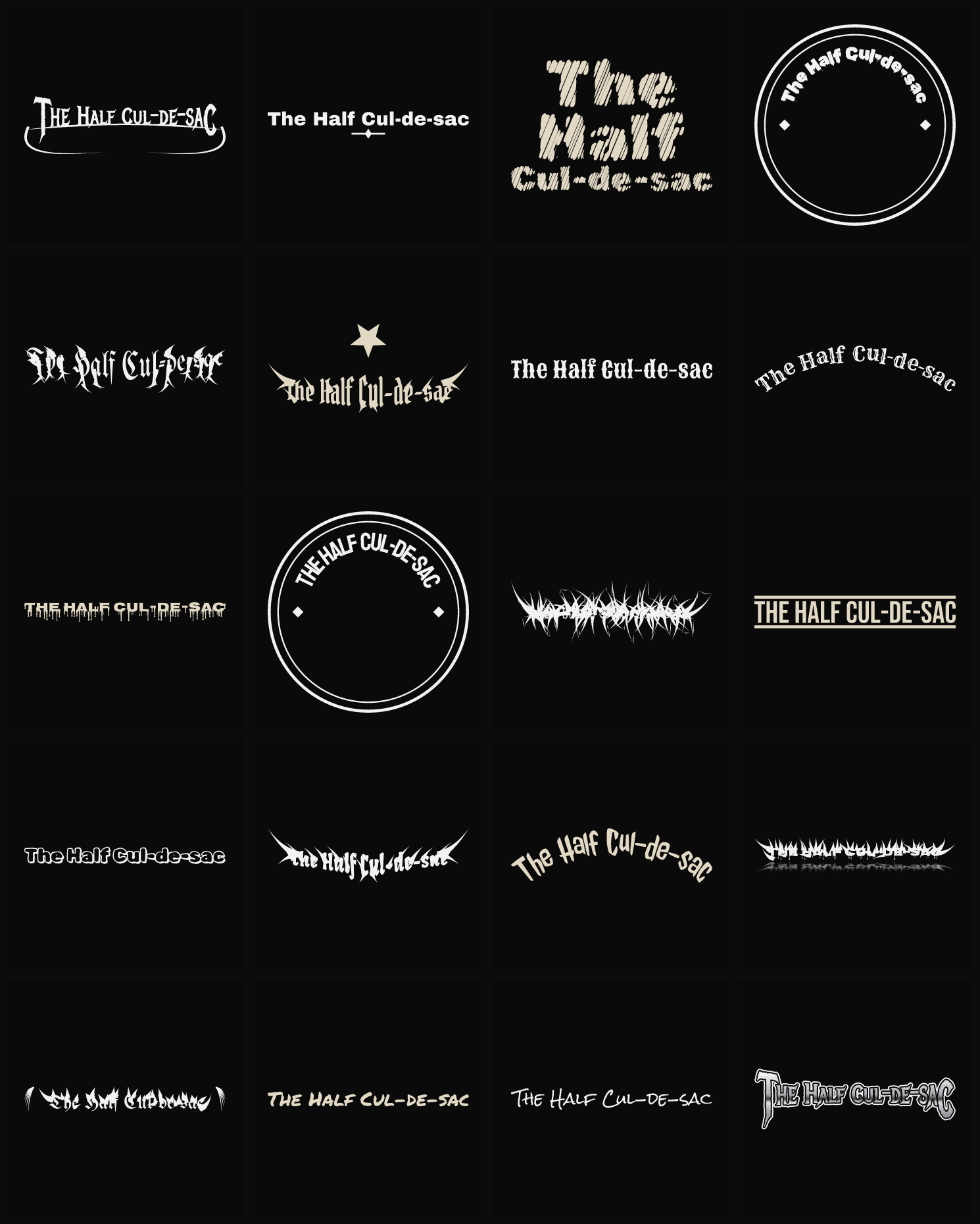 Twenty The Half Cul-de-sac band logo ideas — different faces, treatments and spike settings