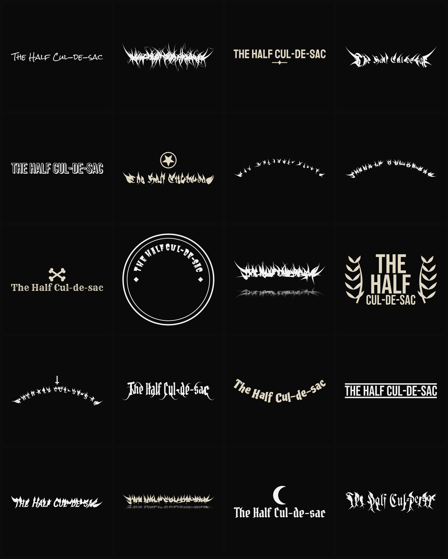 Twenty The Half Cul-de-sac band logo ideas — different faces, treatments and spike settings