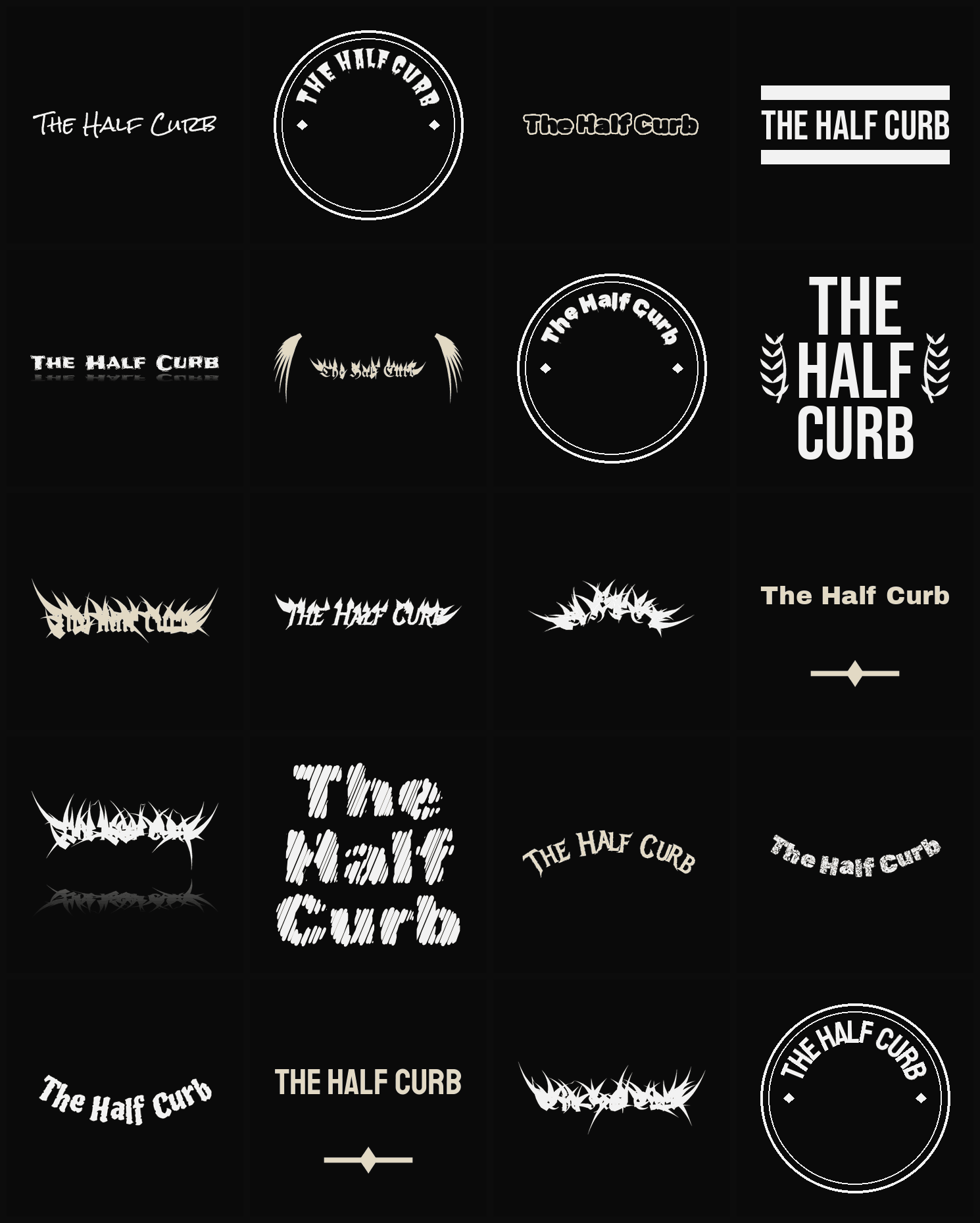 Twenty The Half Curb band logo ideas — different faces, treatments and spike settings