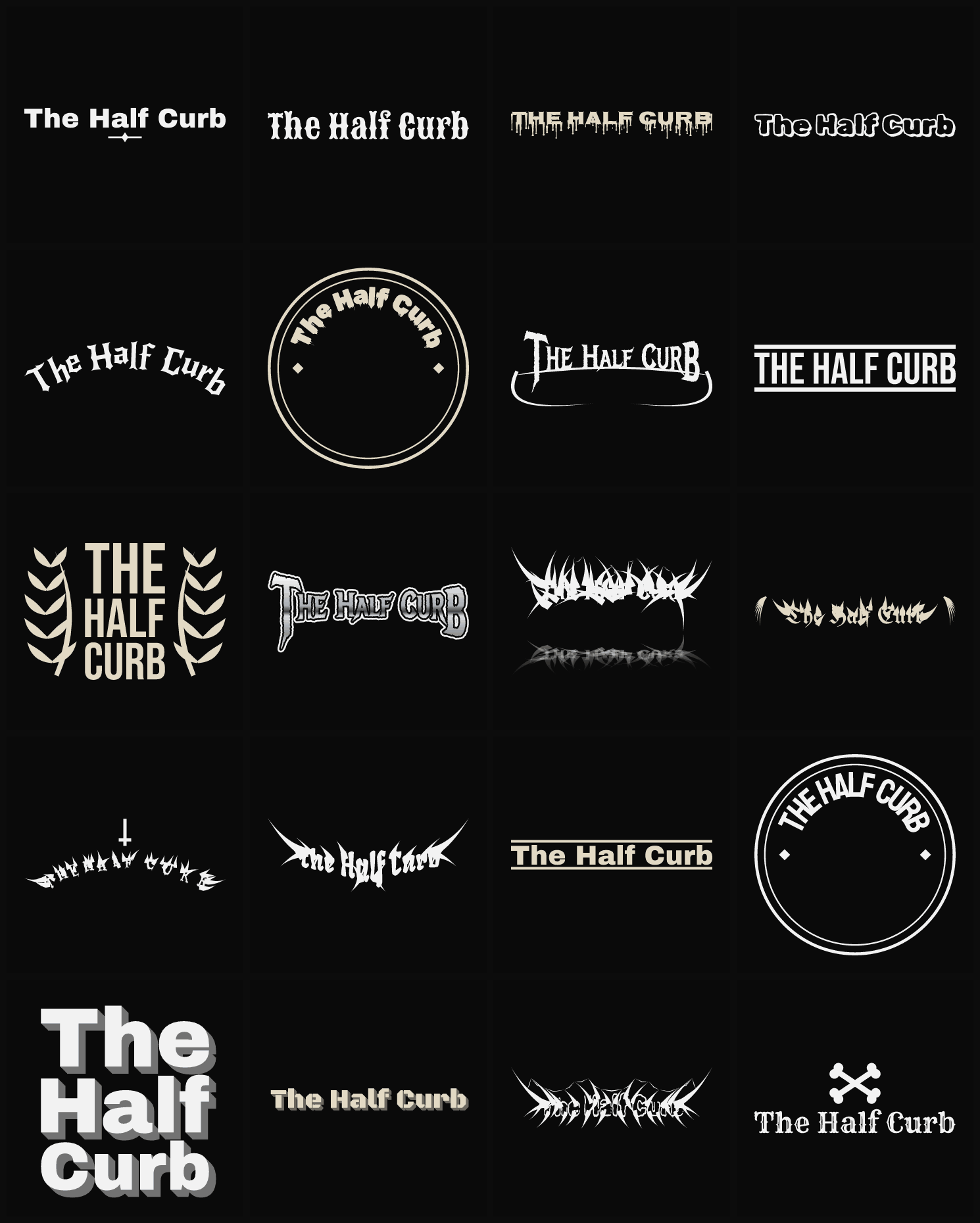 Twenty The Half Curb band logo ideas — different faces, treatments and spike settings