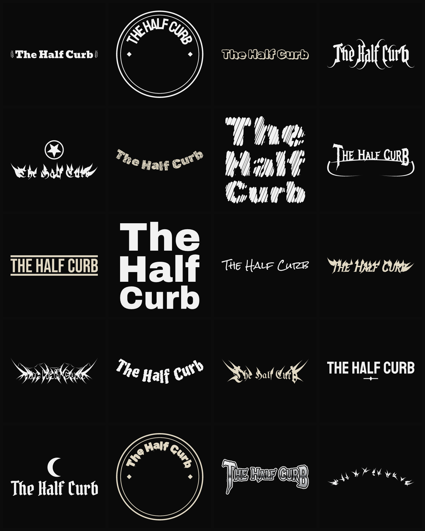 Twenty The Half Curb band logo ideas — different faces, treatments and spike settings