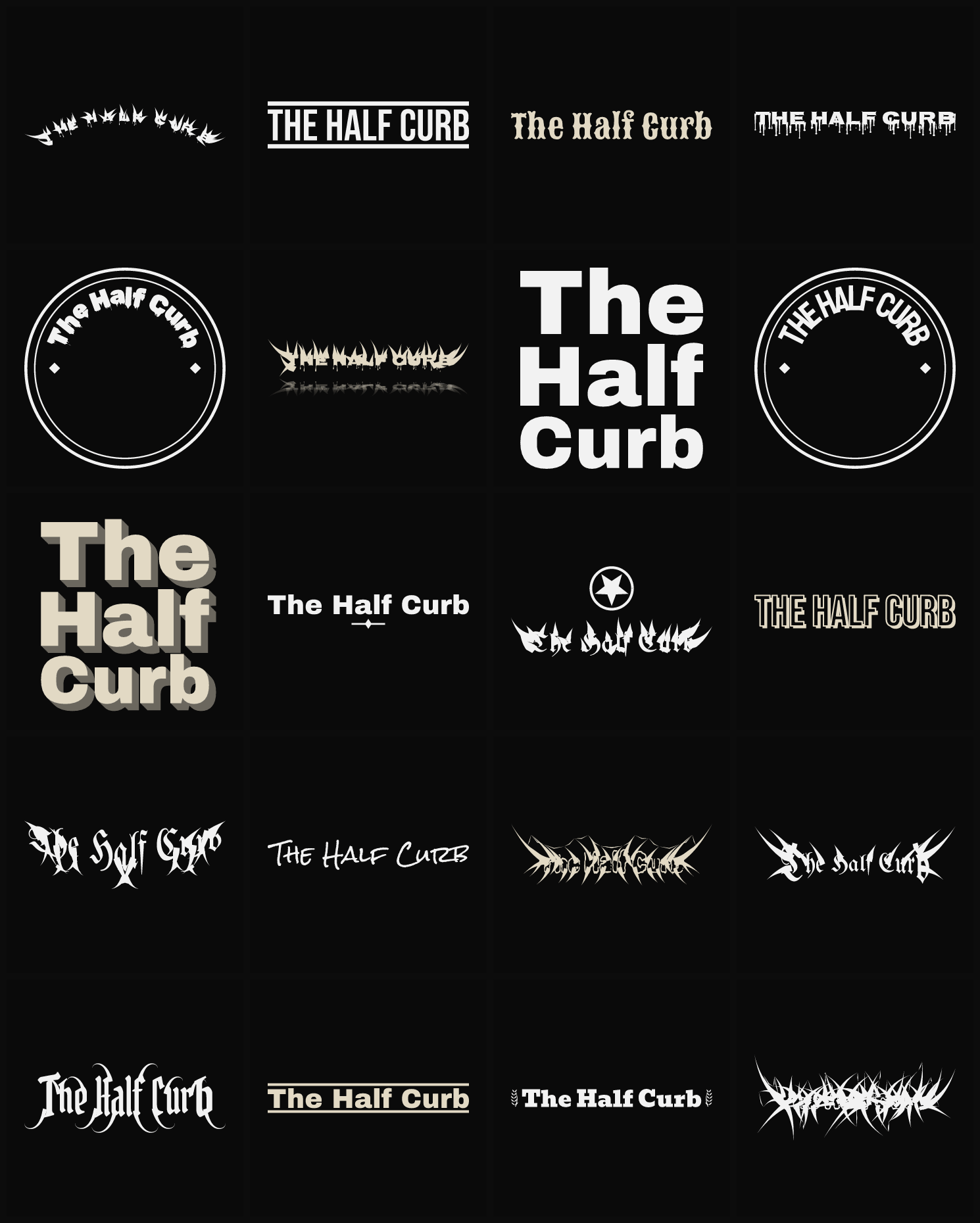 Twenty The Half Curb band logo ideas — different faces, treatments and spike settings