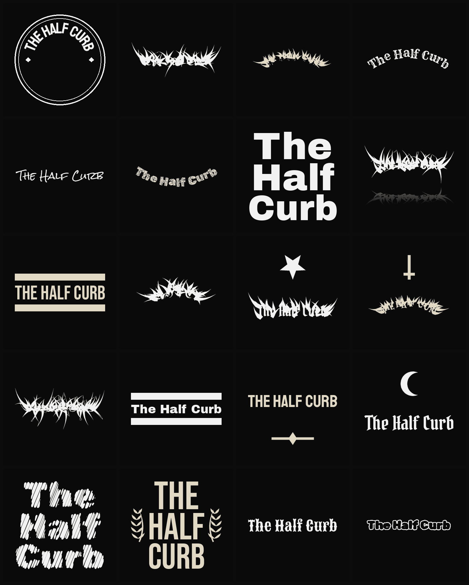 Twenty The Half Curb band logo ideas — different faces, treatments and spike settings