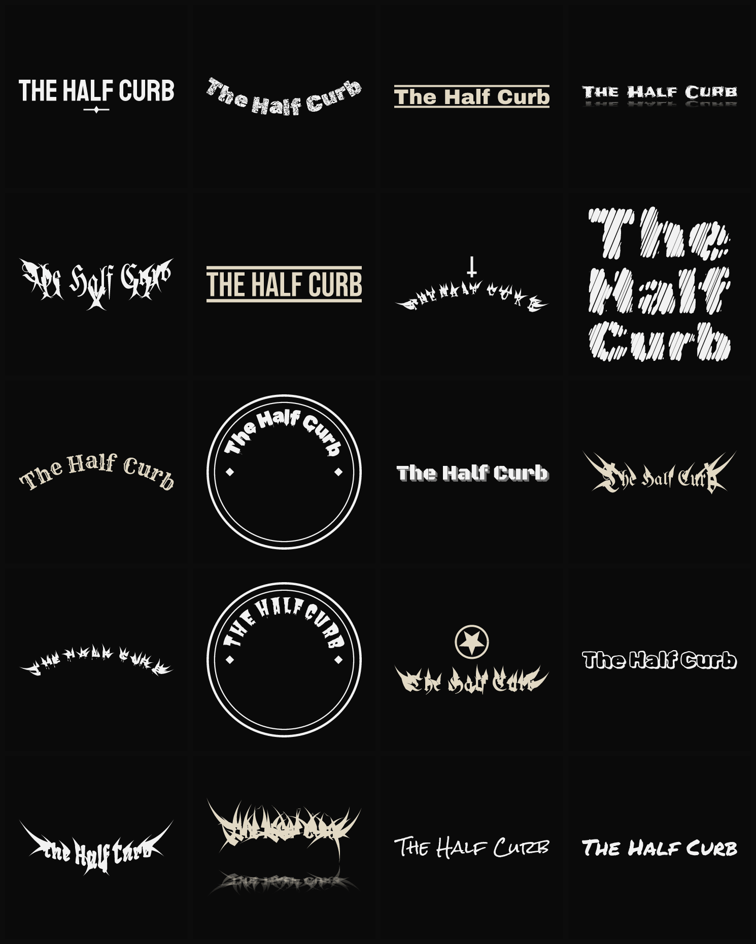 Twenty The Half Curb band logo ideas — different faces, treatments and spike settings